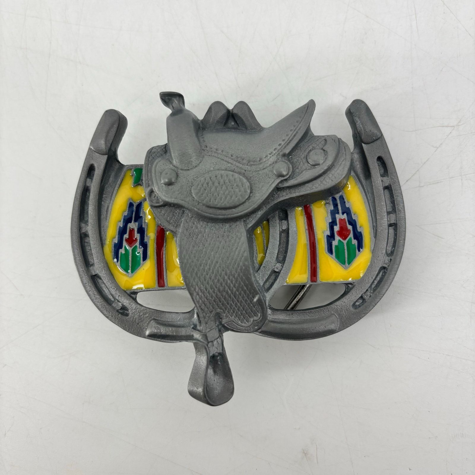 Vintage Western Belt Buckle Saddle Horseshoe Pewter Enamel Southwest Size ONE SIZE - 1 Thumbnail