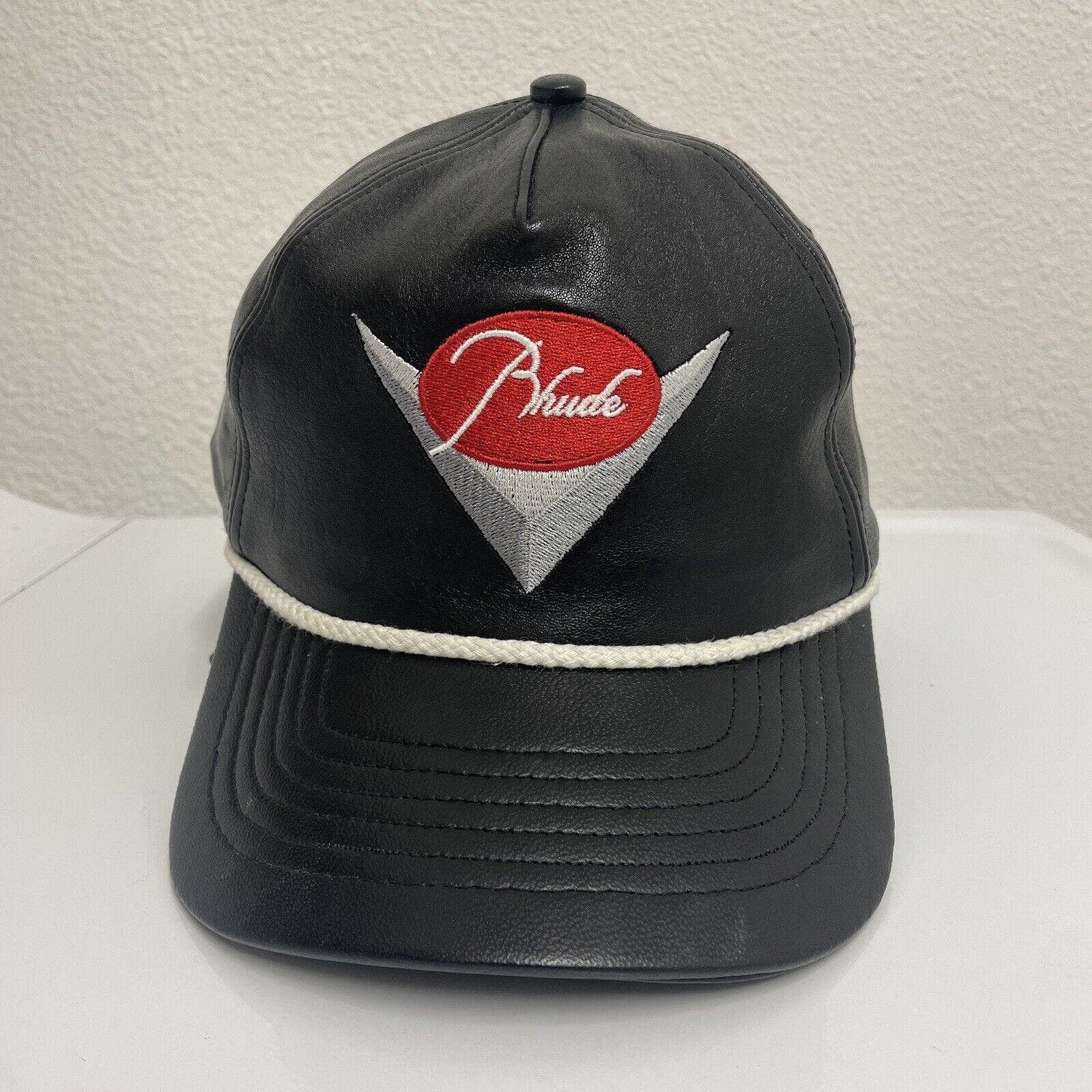 image of Rhude Leather Snap Back Hat Classic Racing Embroidered Logo in Black, Men's
