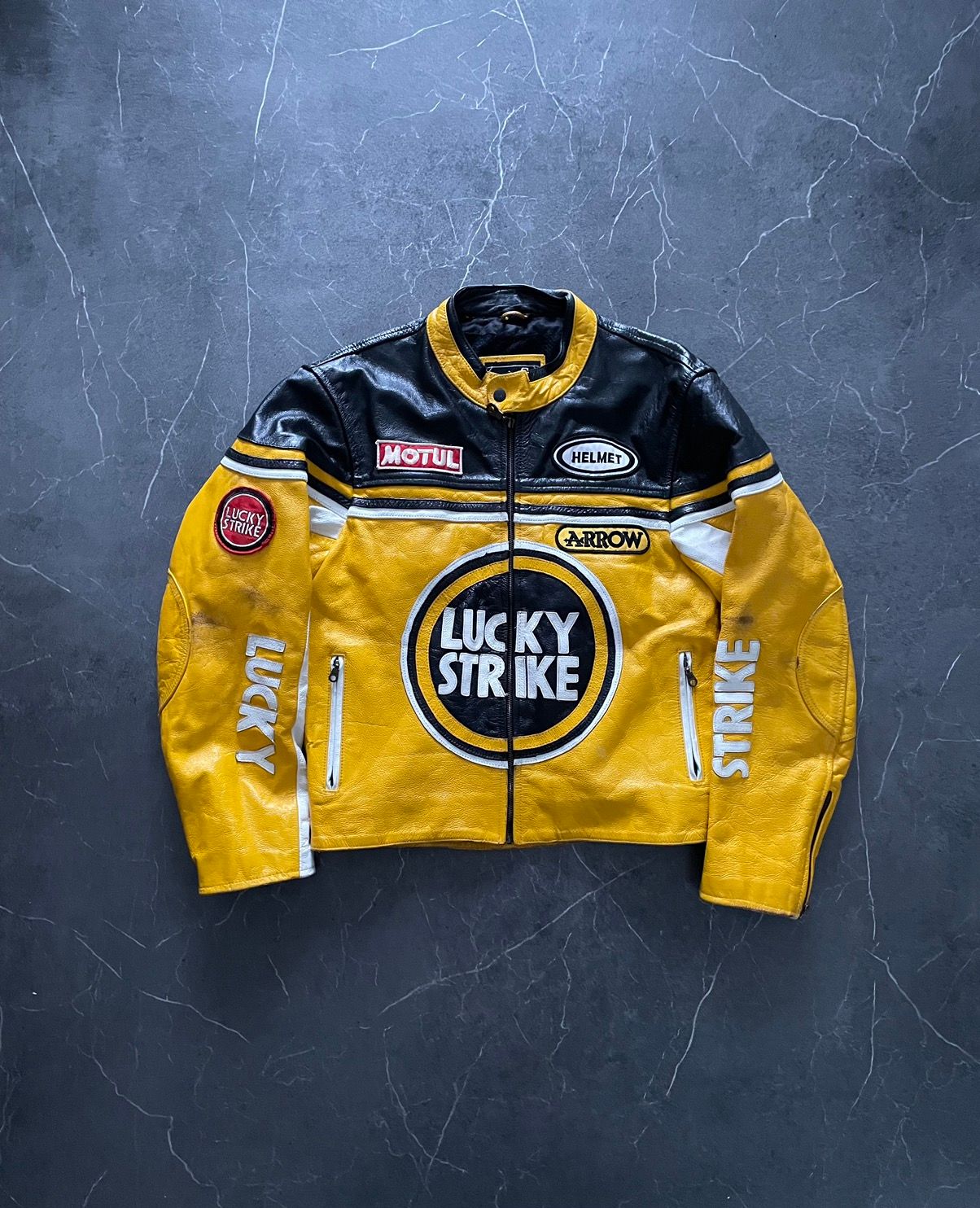 Pre-owned Leather Jacket X Nascar Vintage Y2k Lucky Strike Nascar Leather Racing Jacket In Yellow