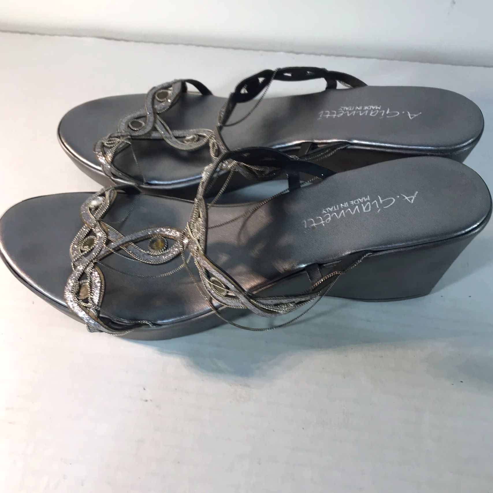 Vintage A. Gianetti Silver Wedge Slides Womens Size 7.5 Synthetic Dressy Sandal Italy Size US 7.5 / IT 37.5 - 2 Thumbnail