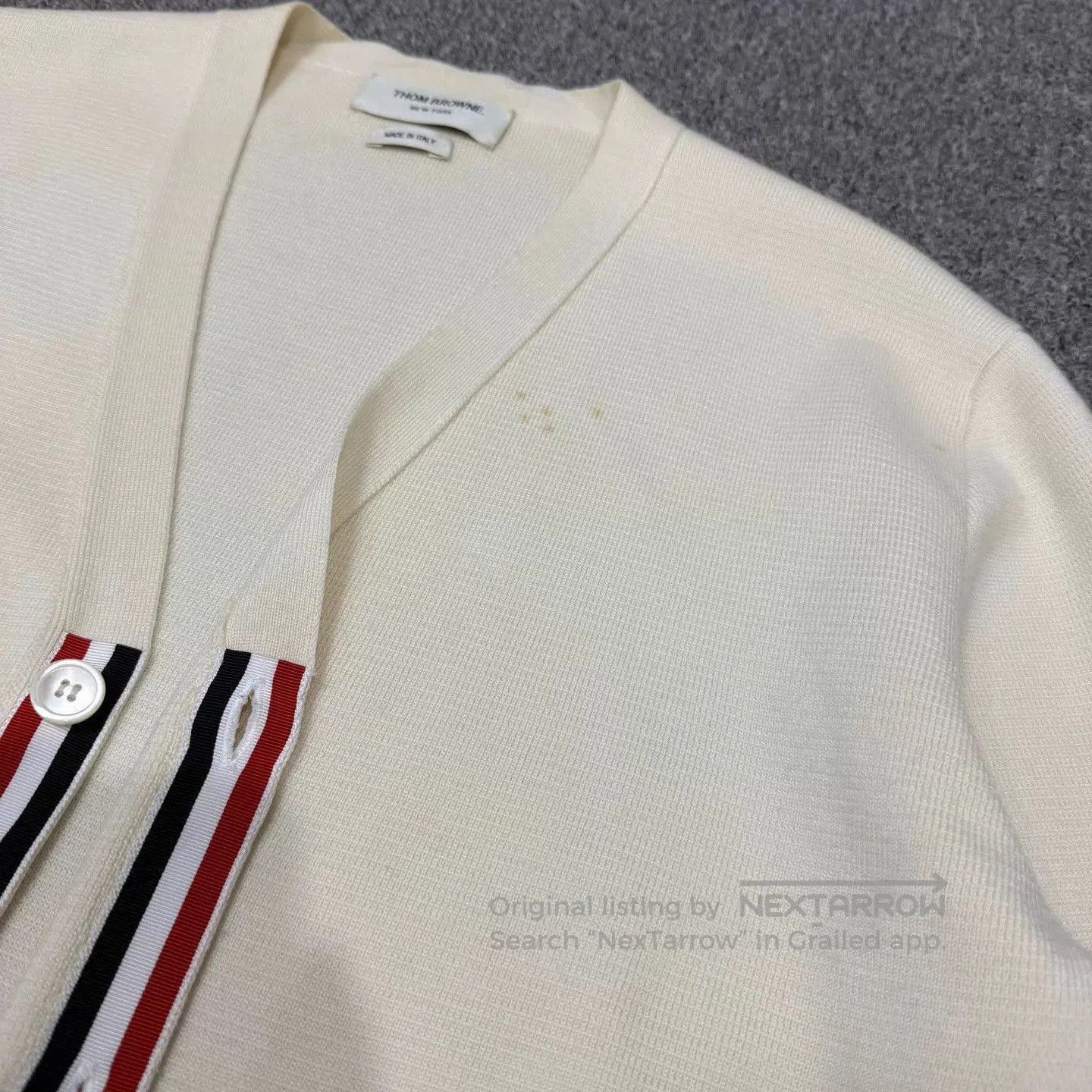 Thom Browne White V-Neck Cardigan with Striped Trim and Pockets. Size US M / EU 48-50 / 2 - 4 Thumbnail