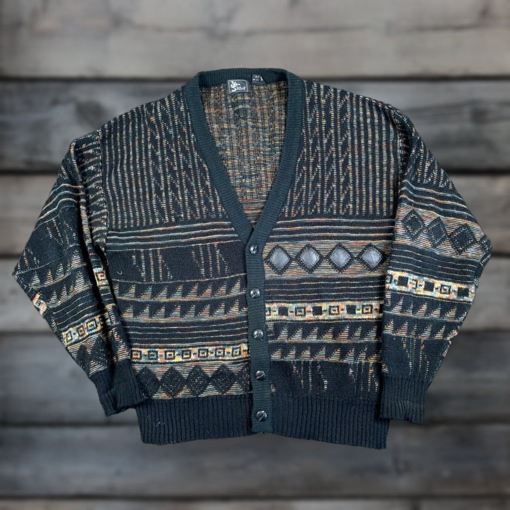 VINTAGE Alan Stuart Men's Cardigan Sweater 80s Rainbow Geometric