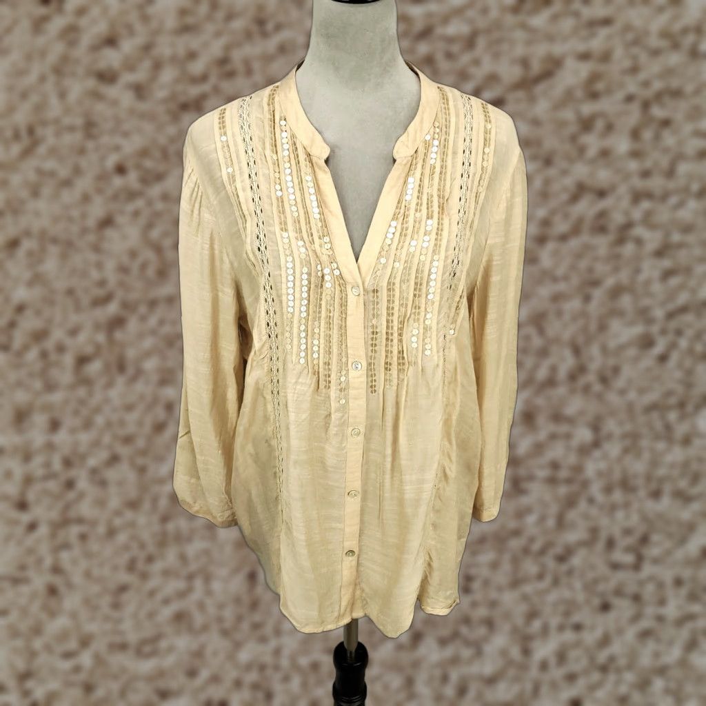Vintage Chico's Blouse Women Adult Large Beige Sequin Button Sheer V-Neck Long Sleeve Rayon Womens Size L / US 10 / IT 46 - 1 Thumbnail