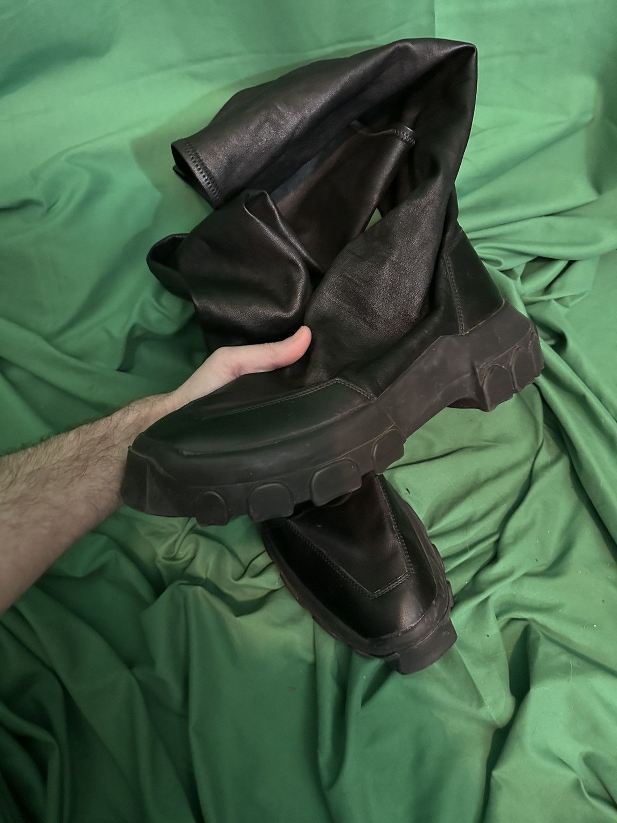 Rick Owens Tractor lug sole lambskin leather sock knee boots Size US 10 / EU 43 - 5 Thumbnail