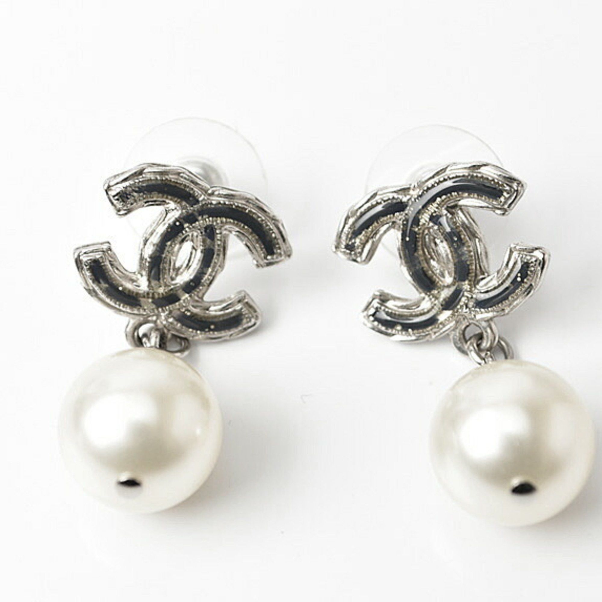 image of Chanel Earrings Chanel Cc Motif Coco Mark Swing Pearl Silver White, Women's