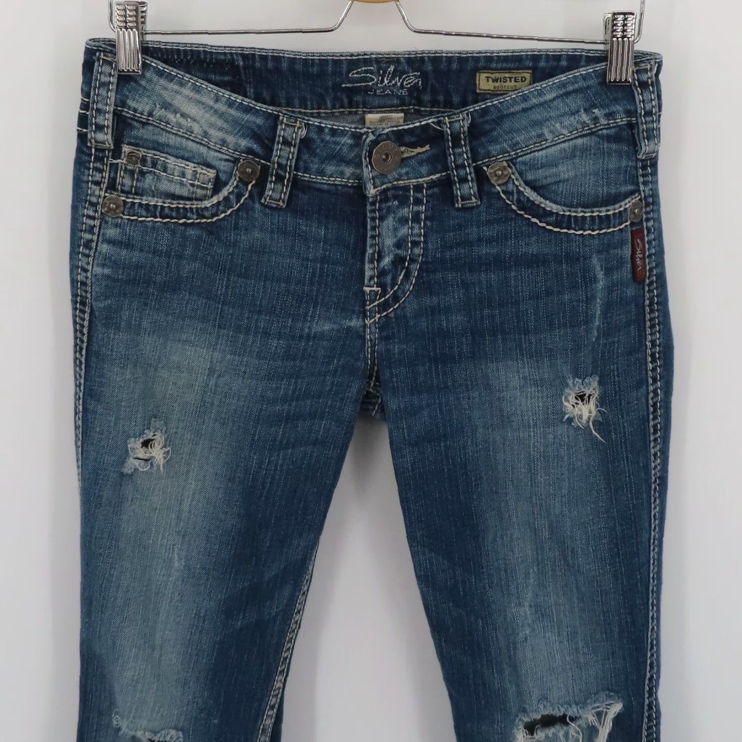Silver Jeans Co. Silver Jeans Women 5 Twisted Bootcut Distressed Denim Solid Blue White Seams Jeans Women Size 5 Bootcut 5-Pocket Denim Cotton Blend Vintage No Size 27" / US 4 / IT 40 - 2 Thumbnail