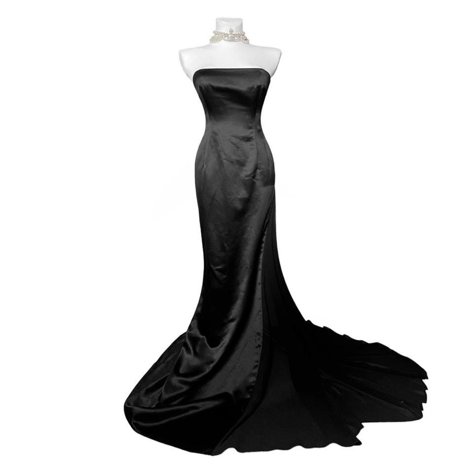 image of So Unique Maxi Real Vintage Prom Satin Dress in Black, Women's (Size Small)