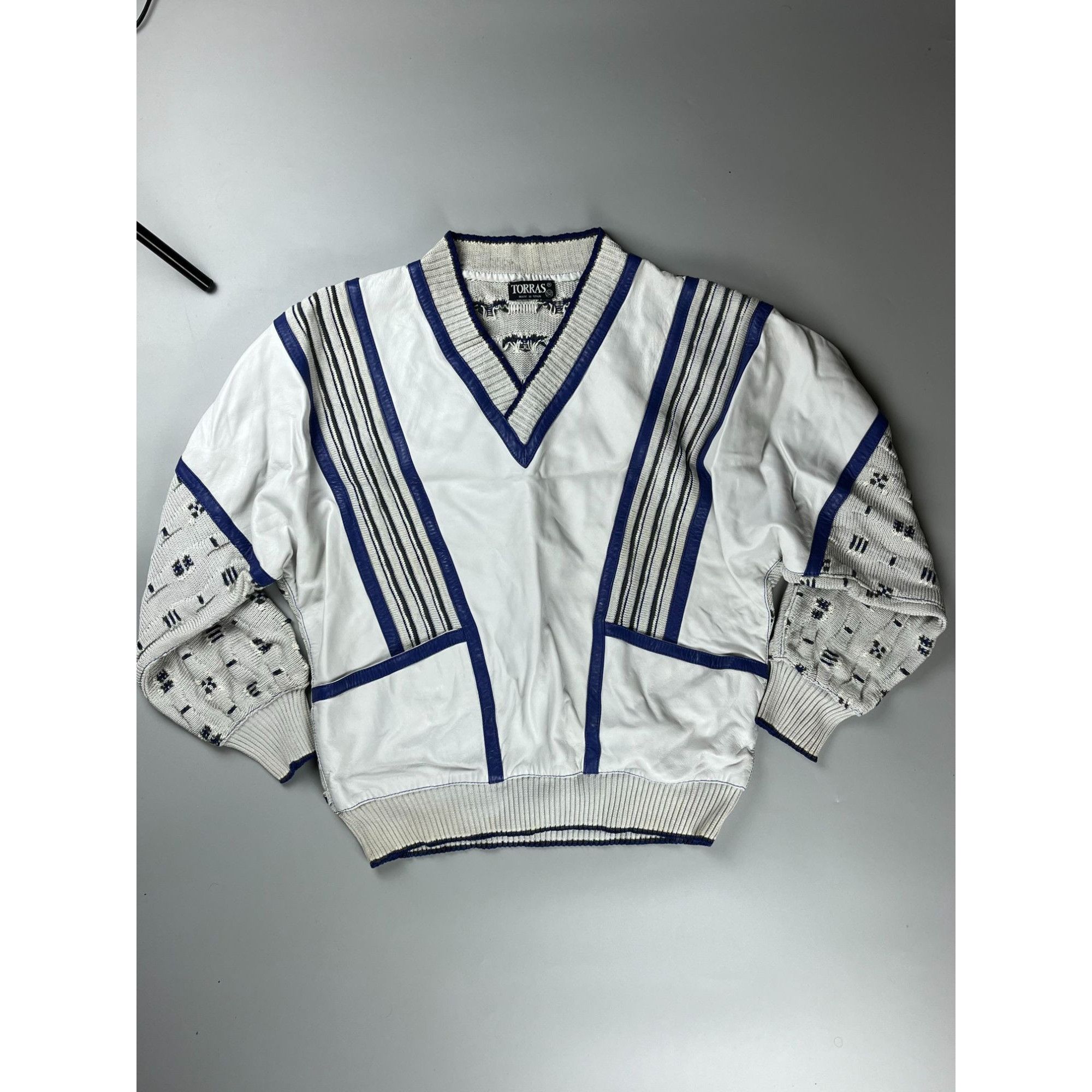 Torras × Vintage Classic Vintage Torras Leather & Wool Striped Sweater Size US L / EU 52-54 / 3 - 1 Thumbnail