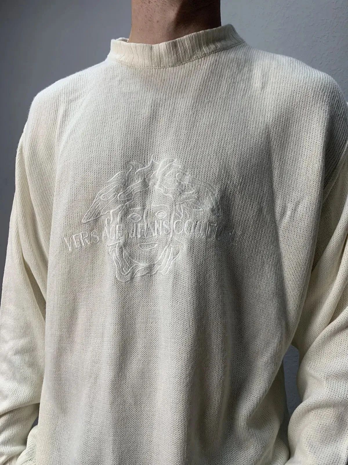 Versace 👉 Vintage Versace Jeans Couture Distressed Striped Sweater Size US XL / EU 56 / 4 - 4 Thumbnail
