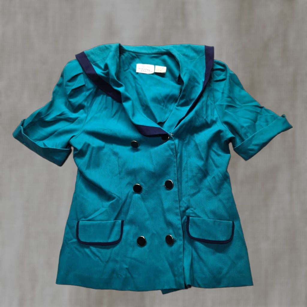 Vintage Halmode Petites Blazer Jacket Women's Size 14 Adult Teal Green Blue Single-Breasted Jacket Size 36" / US 14 / IT 50 - 1 Thumbnail