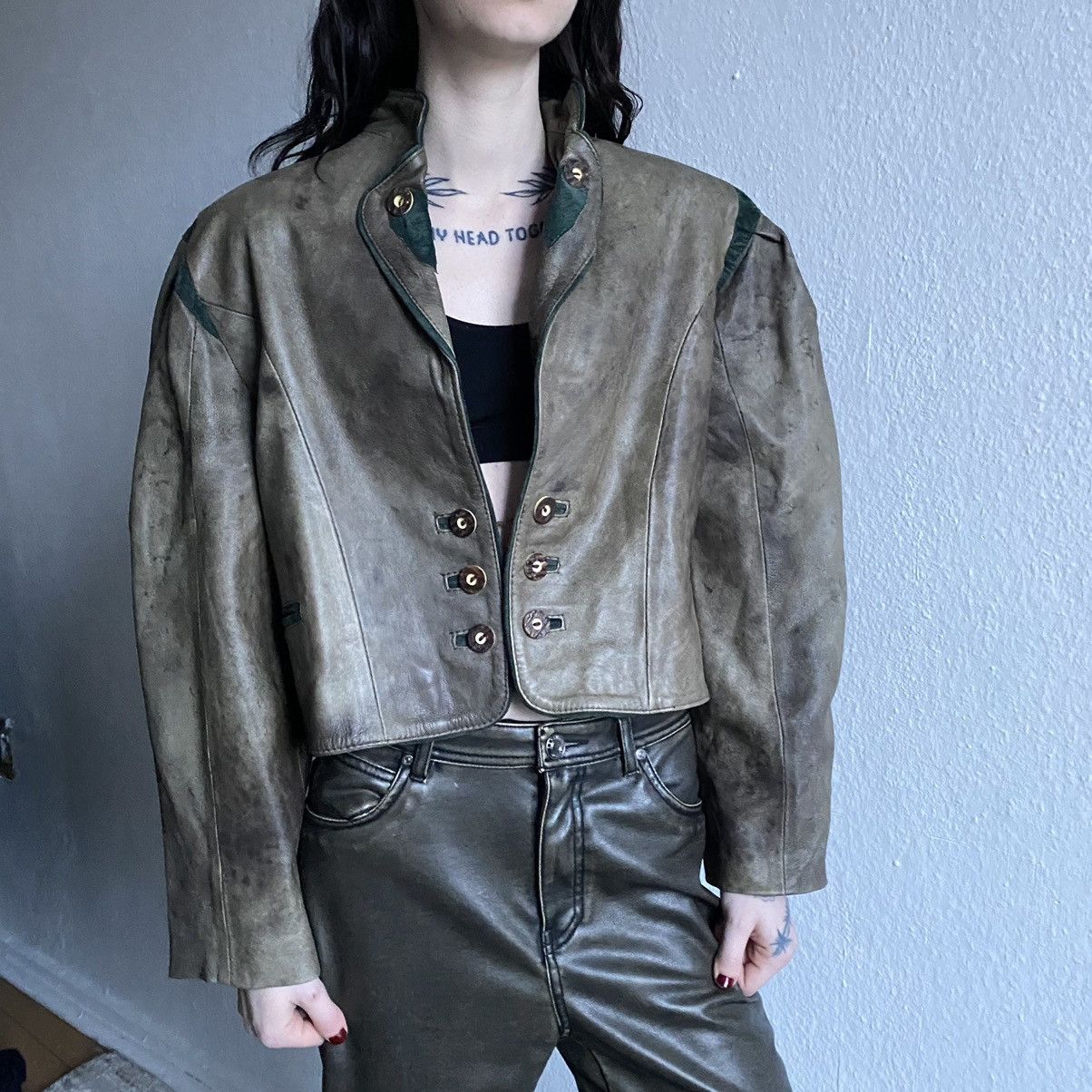 image of Vintage 90's Leather Jacket in Grey, Women's (Size Large)