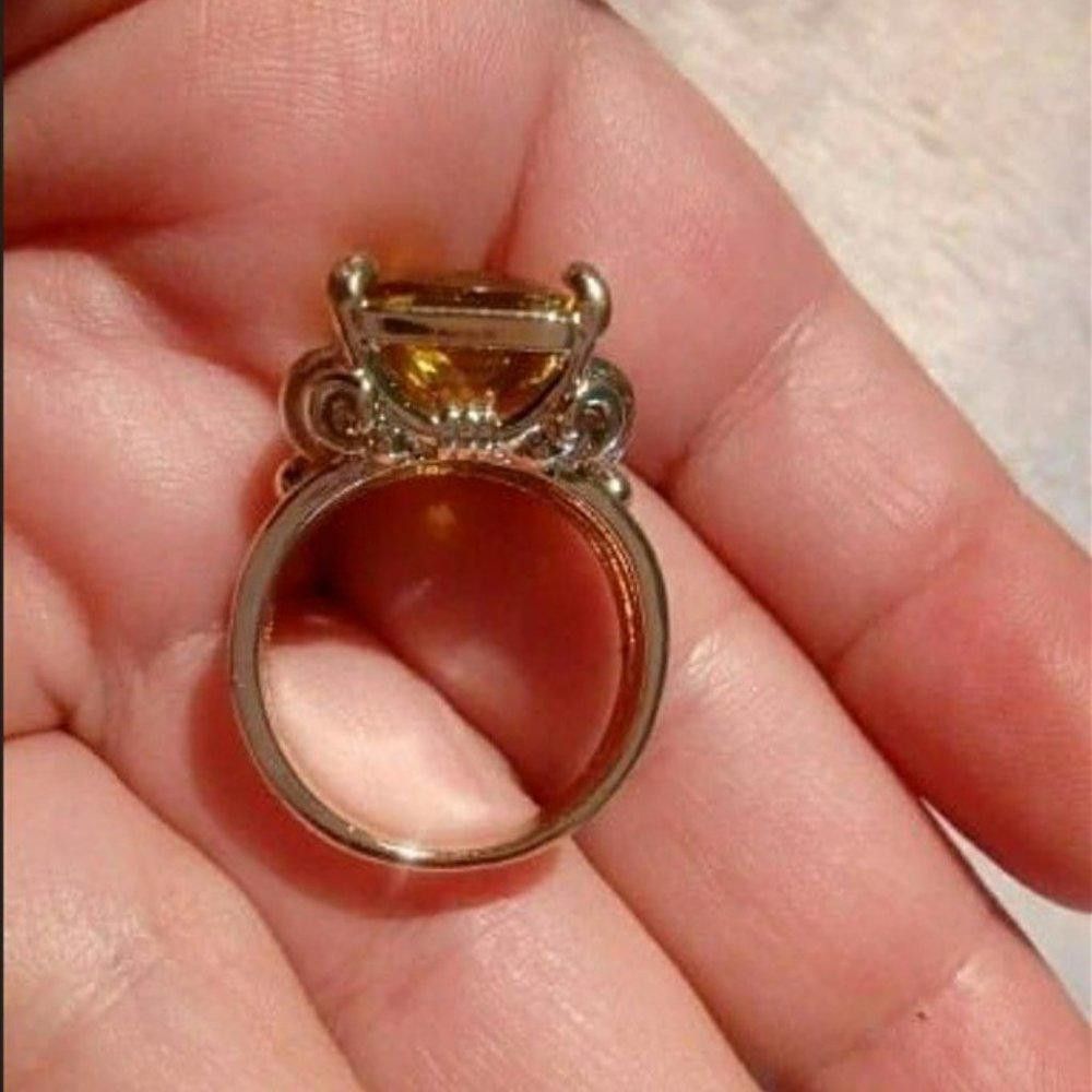 Designer 15mm Princess Cut Yellow Coffee Rhinestone Retro Gold Ring Size ONE SIZE - 4 Thumbnail