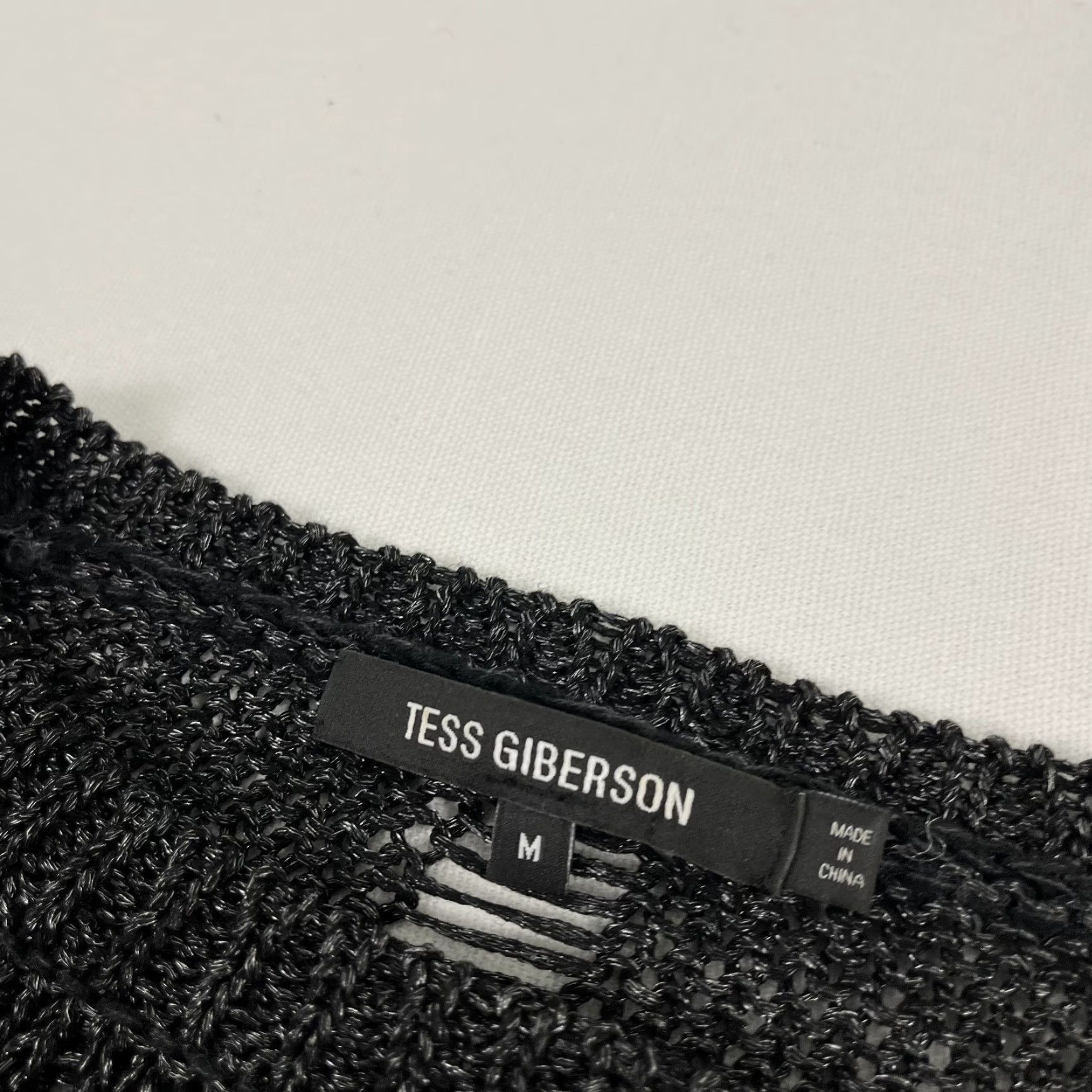Vintage Tess Giberson Sweater Women Medium Black Shimmer Stretch Open Knit Crew Pullover Size M / US 6-8 / IT 42-44 - 2 Thumbnail