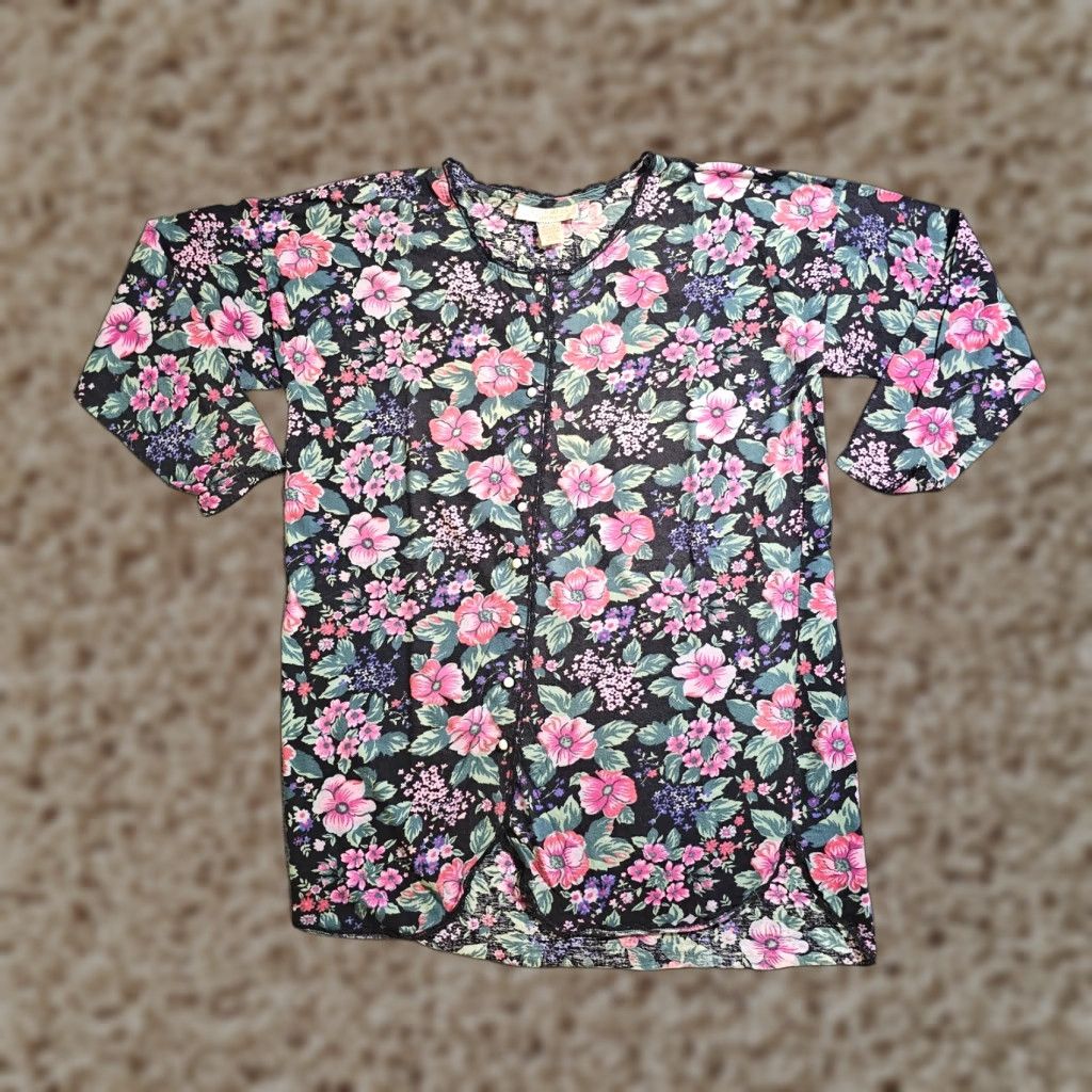 Victoria's Secret VINTAGE Victoria's Secret Nightgown Womens Large Black Floral Button Sleep Casual Size ONE SIZE - 1 Thumbnail