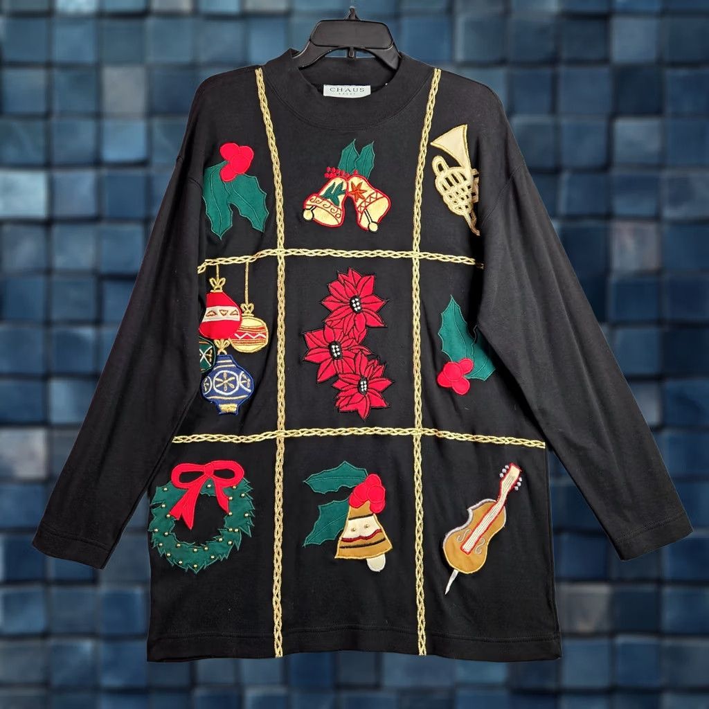Vintage Vtg Chaus Christmas Sweatshirt Size S Black Crew Neck Pullover Embroidered Graphic 100% Cotton Womens Holiday Size S / US 4 / IT 40 - 1 Thumbnail