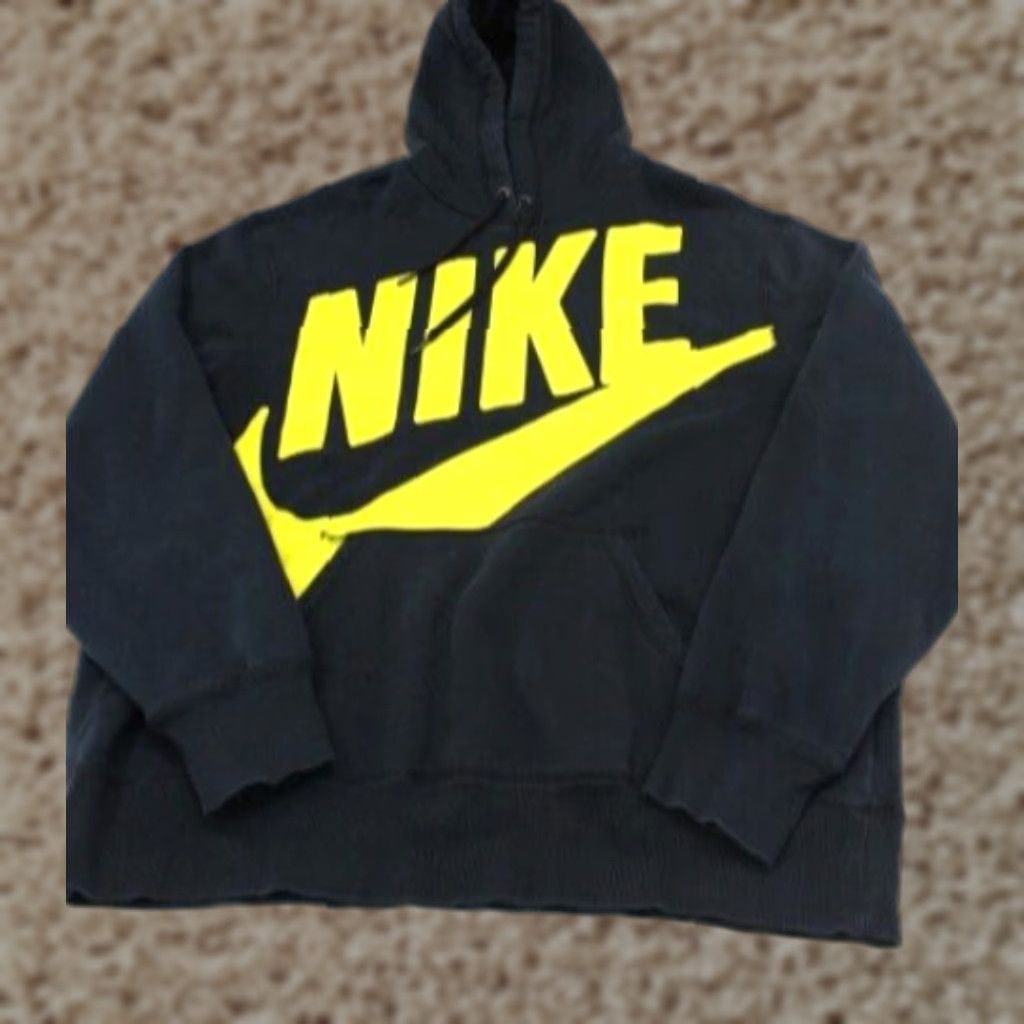 VINTAGE Nike Sweatshirt Men 2XL Hooded Pullover Black Fleece Swoosh Logo Kangaroo Pockets