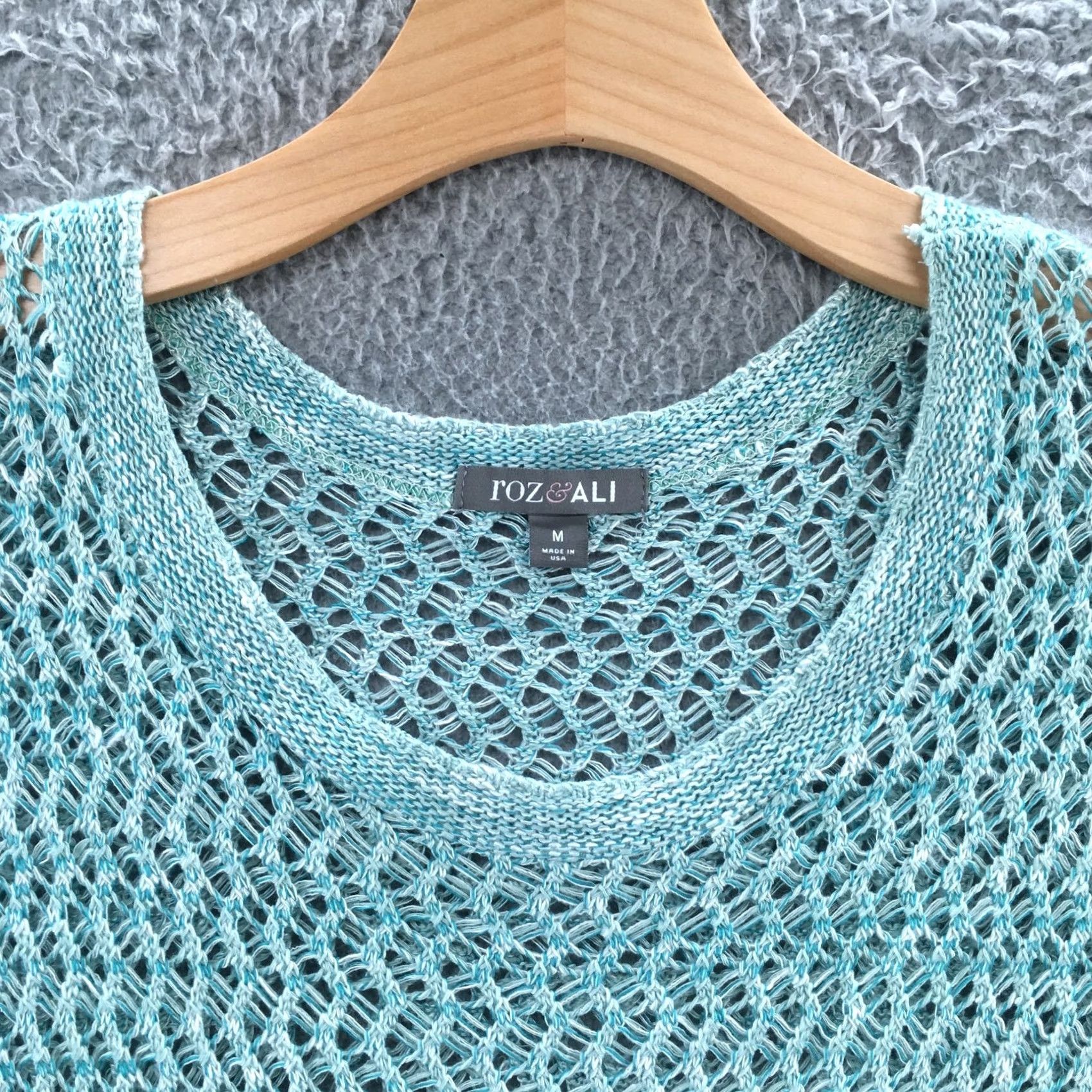 AQUA Roz & Ali Sweater Womens M Blue Sleeves Short Sleeve Open Knit Casual Shirt Top Blouse Knit Open Crochet All Seasons Lightweight Regular Size M / US 6-8 / IT 42-44 - 4 Thumbnail