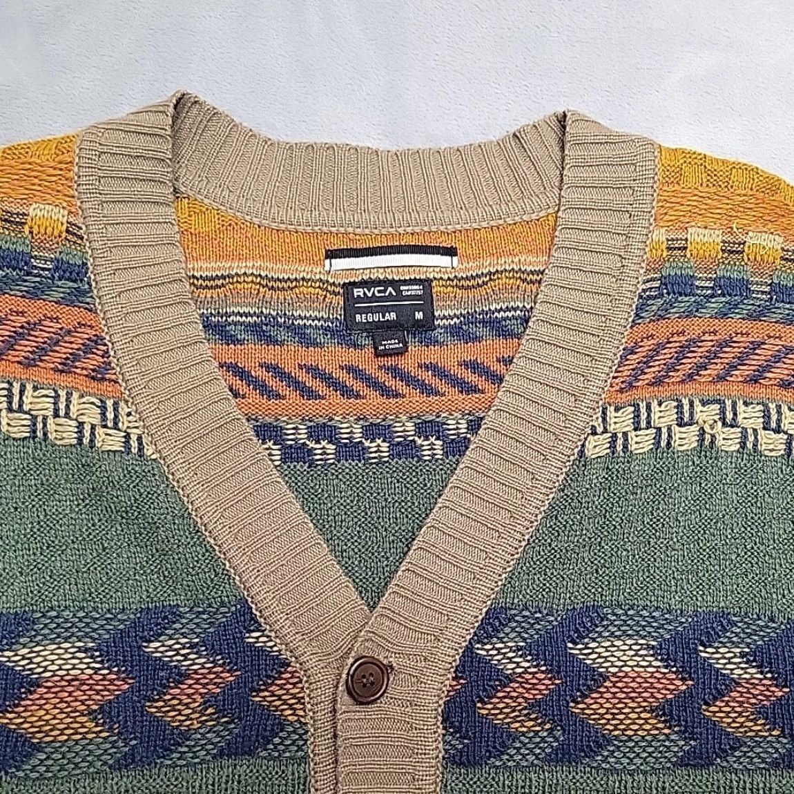 RVCA RVCA Cardigan Sweater Mens Medium Green Geometric 3D Knit Ribbed V-neck Button Size US M / EU 48-50 / 2 - 4 Thumbnail
