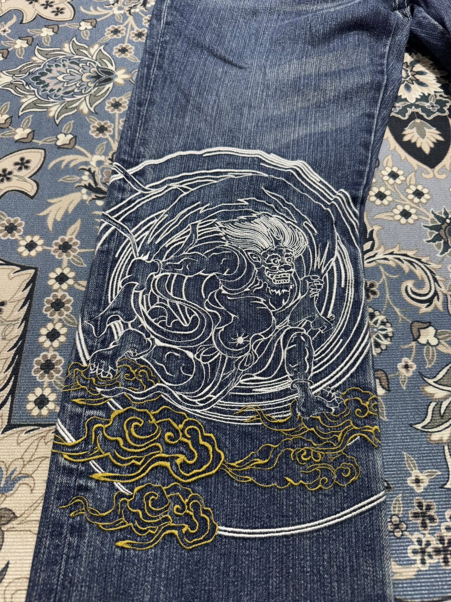 Beauty Beast × Japanese Brand Vintage Buden Shoten Sukajan Raijin Fuijin Embroider Jeans Size US 34 / EU 50 - 4 Thumbnail