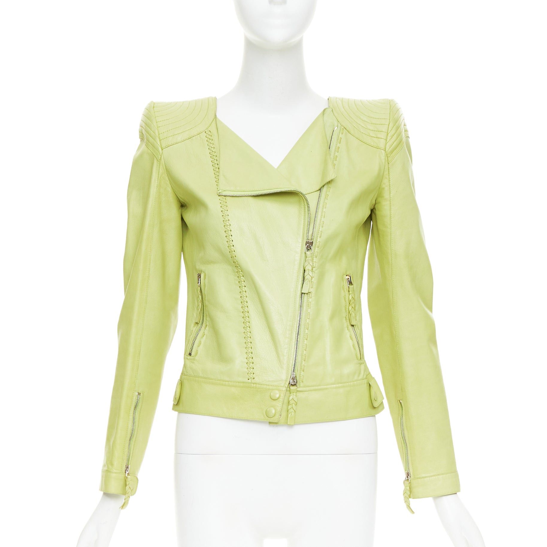 Roberto Cavalli ROBERTO CAVALLI lime green leather moto power shoulder biker jacket IT38 XS Size XS / US 0-2 / IT 36-38 - 1 Thumbnail