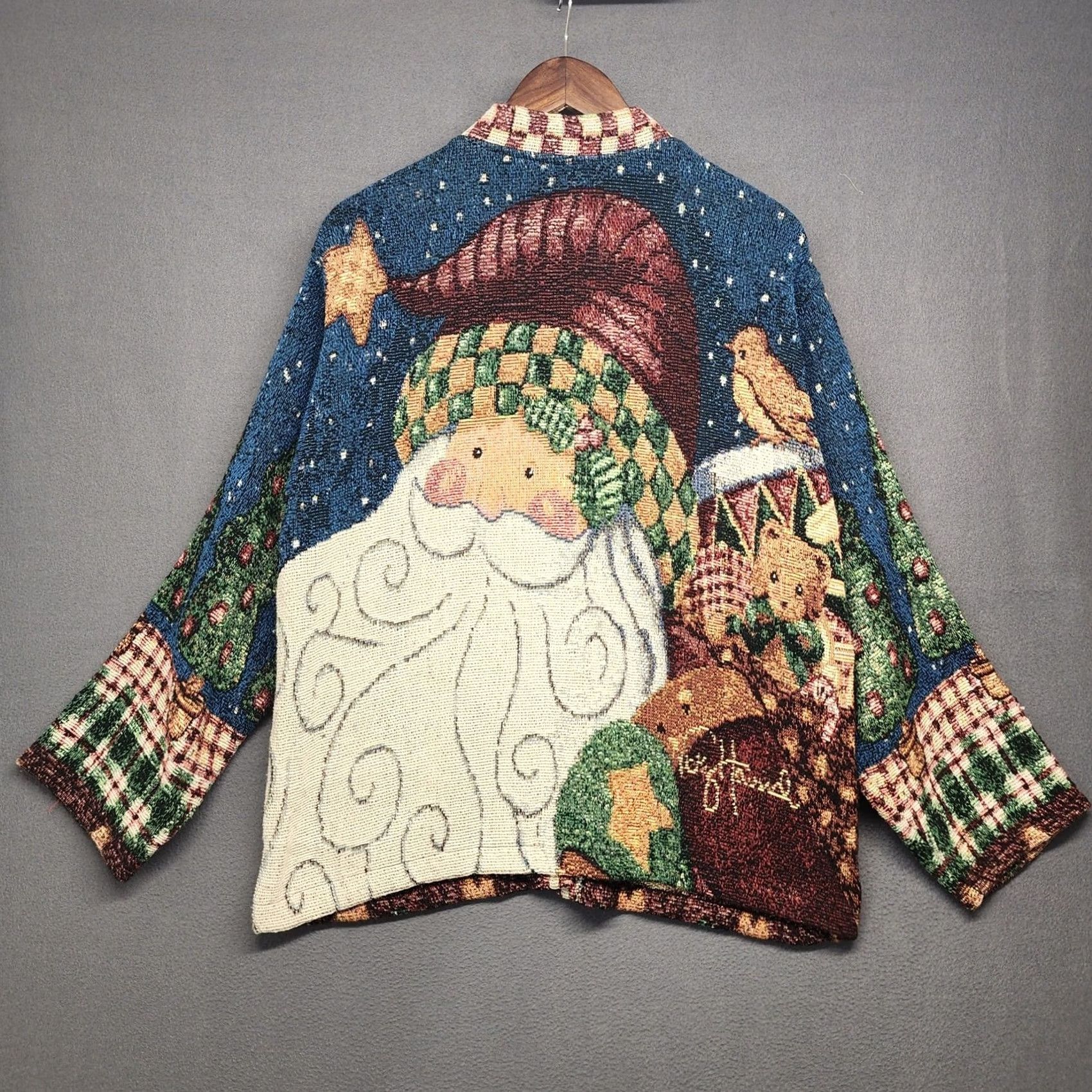 Sugar VINTAGE Sugar Street Weavers Tapestry Cardigan Santa Tree Pockets Womens One Size Blue 100% Cotton 90s Christmas KnIT Sweater Size ONE SIZE - 2 Thumbnail