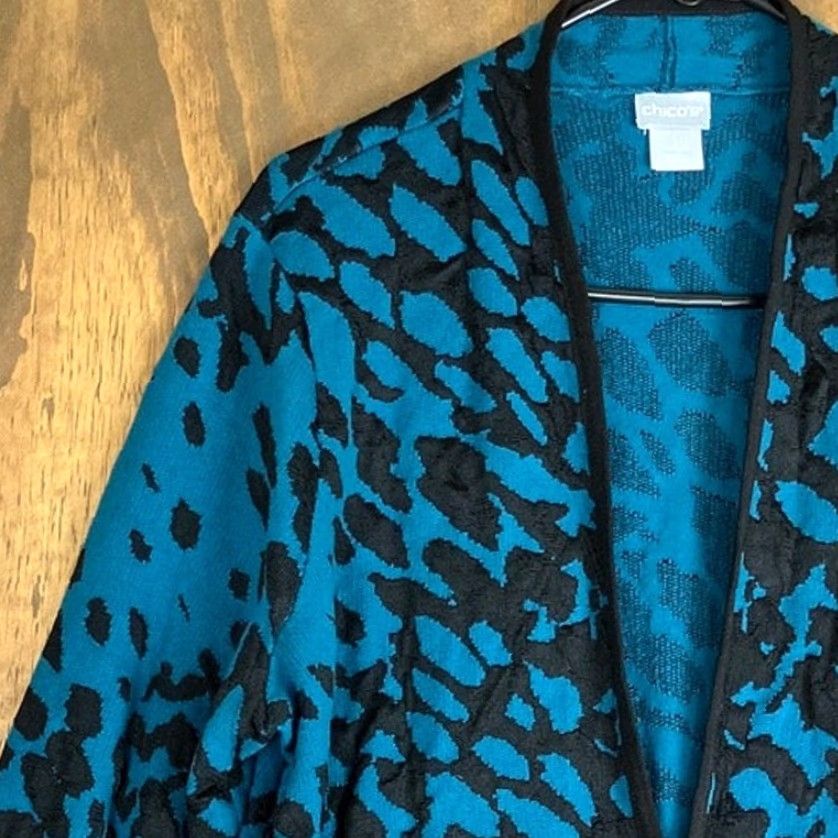 Vintage Chicos Womens Cardigan Sweater Teal Black Knit Open Front Long Sleeve Stretch M Casual Womens Boys Girls? Size M / US 6-8 / IT 42-44 - 4 Thumbnail