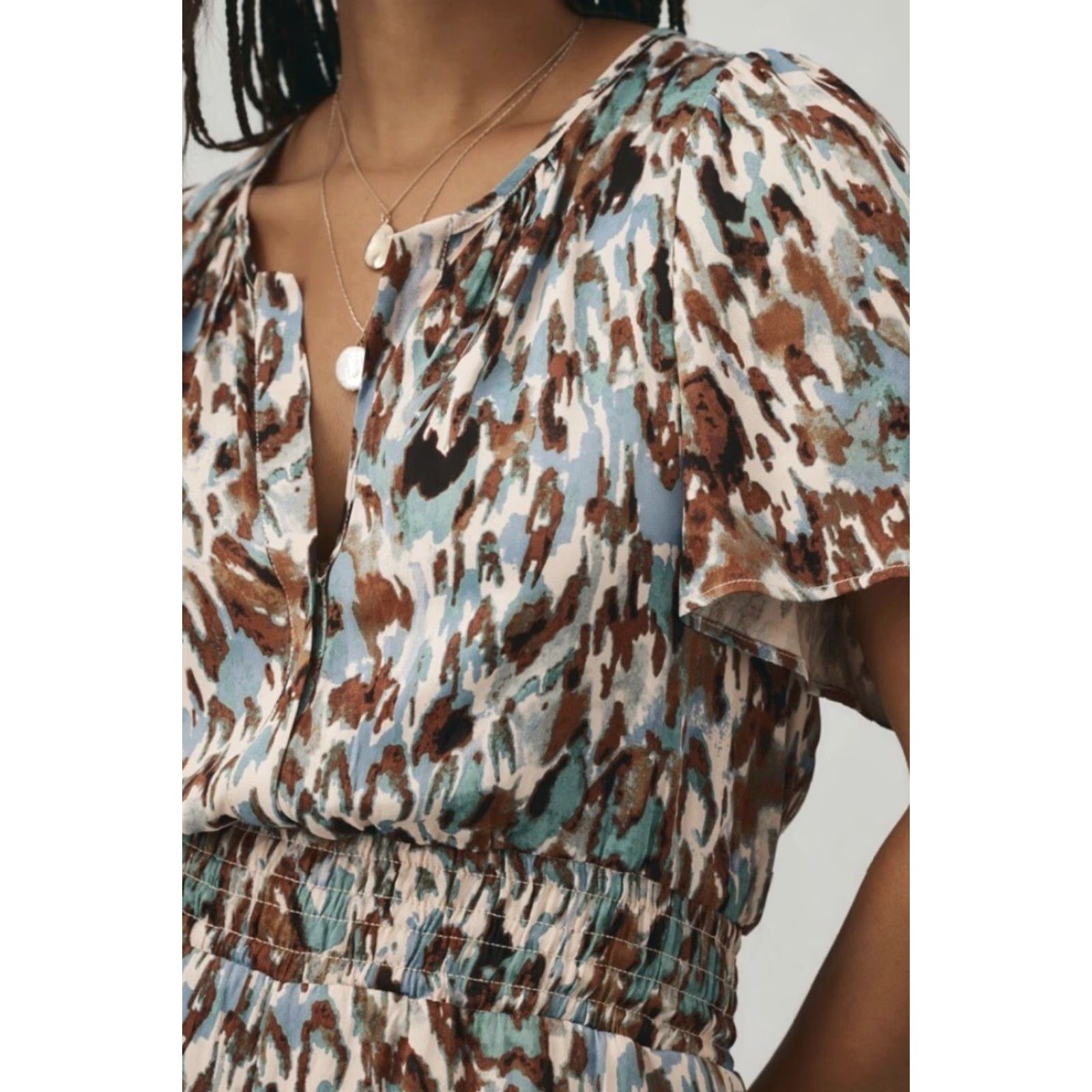 Anthropologie Anthropologie Jumpsuit Turquoise Abstract Print XS-Tall Multicolor V-Neck Short Sleeve Wide-Leg Pockets NWT Size 26" / US 2 / IT 38 - 4 Thumbnail
