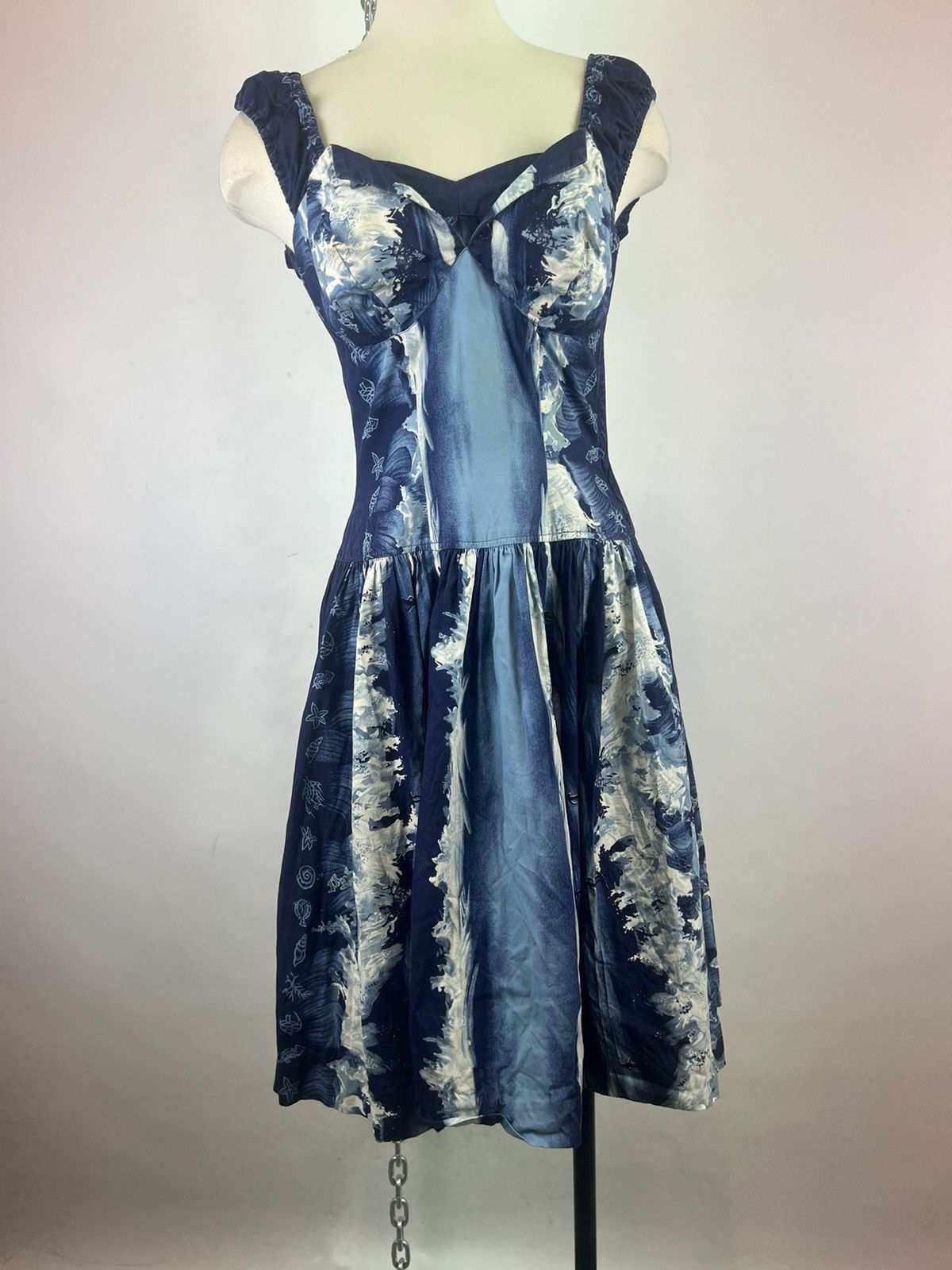 image of Vintage 1950S Navy Printer Hawaiian Knee Length Dress in Blue, Women's (Size Small)