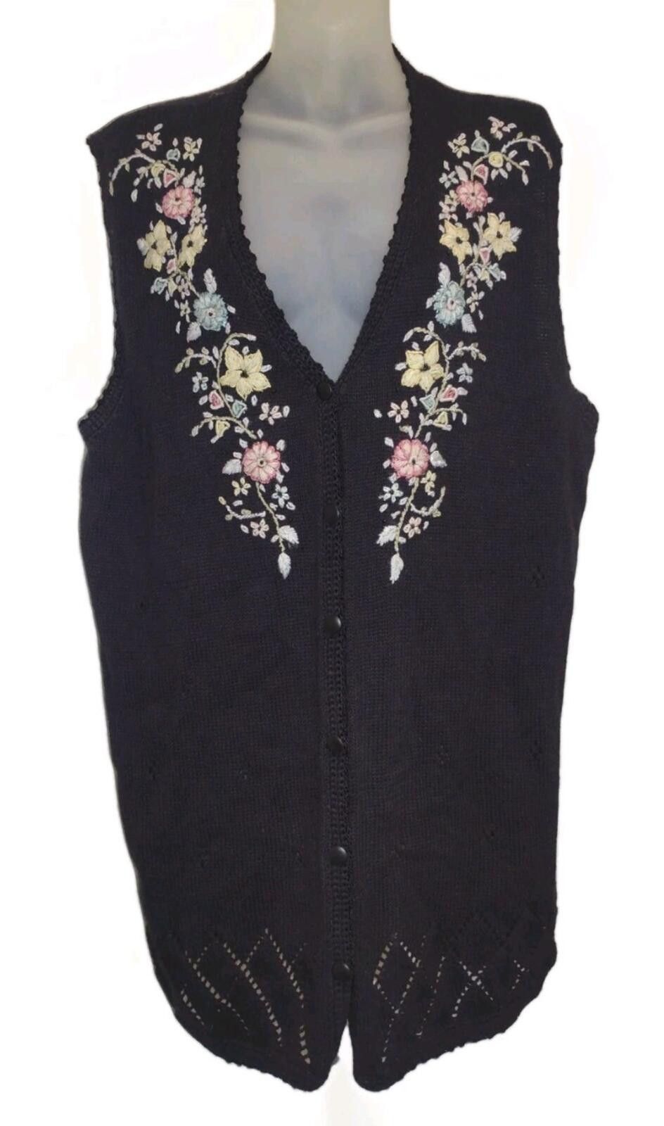 TWNTY-TWO VTG 90s XL Ramie Cotton Floral Embroidered Knit Vest Black Size XL / US 12-14 / IT 48-50 - 1 Thumbnail