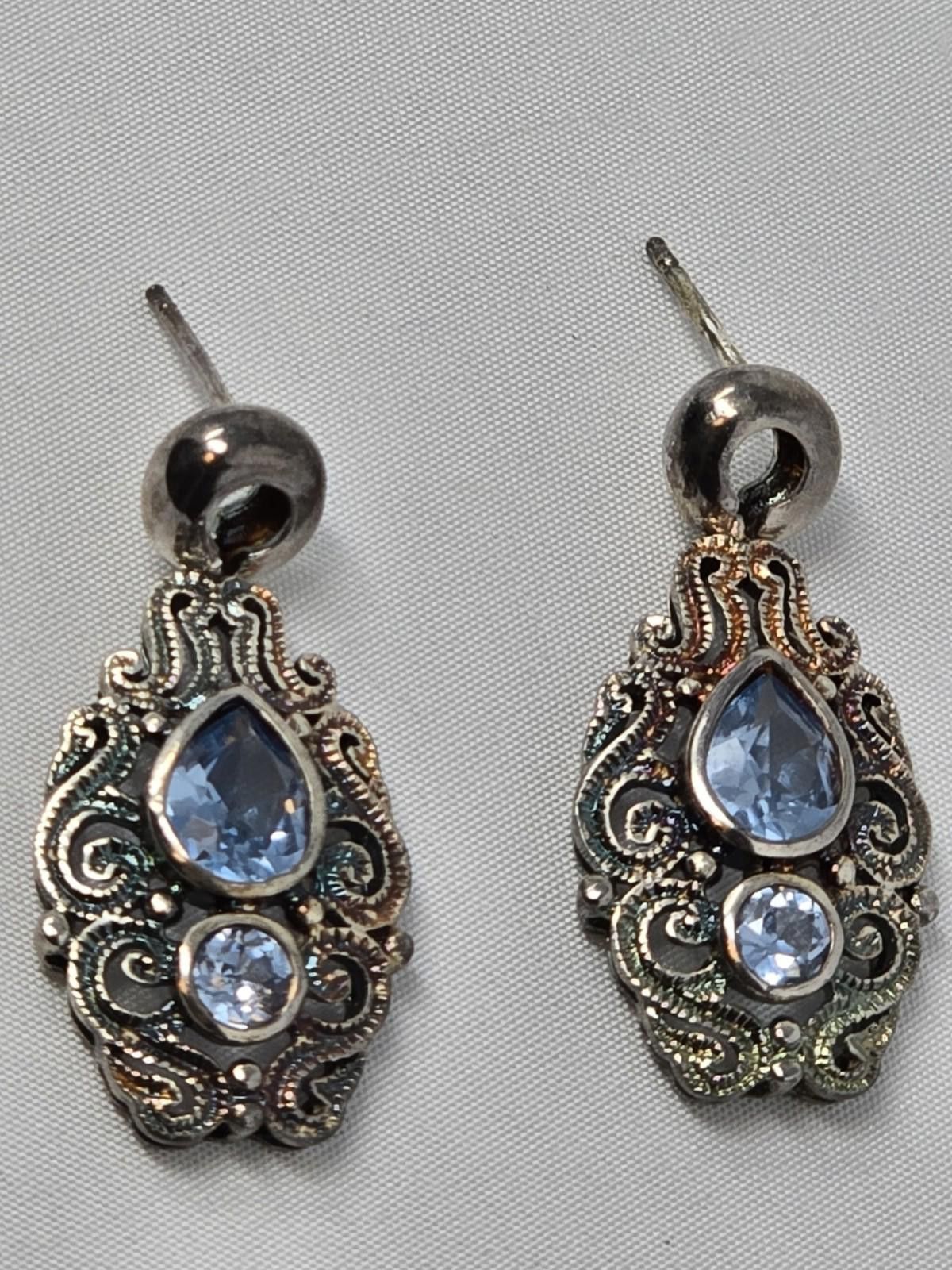 Other Vintage PJM 925 Sterling Silver Scroll Earrings with Blue CZ Size ONE SIZE - 1 Thumbnail
