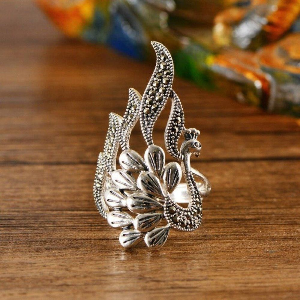 Designer Retro Peacock Animal Feather Antique Silver Ring - Size 6 Size ONE SIZE - 3 Thumbnail