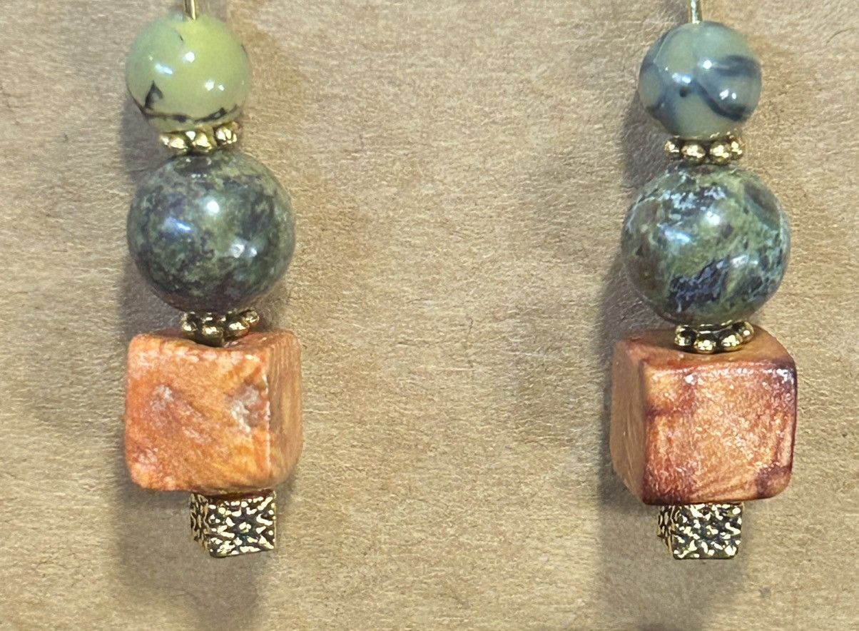 Handmade Handcrafted vintage wood bead dragon vein agate earrings Size ONE SIZE - 3 Thumbnail