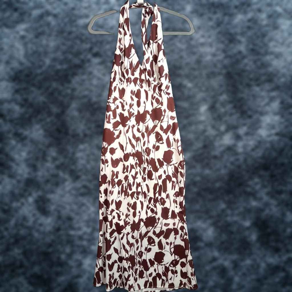 Vintage Rihoas Small Halter Neck Floral Maxi Dress Brown & White Polyester Sleeveless Size S / US 4 / IT 40 - 1 Thumbnail