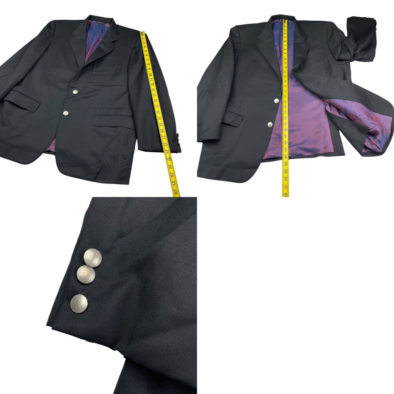 Vintage Guabello Men's Blazer 2-Button Wool Black 44R Italy Notch Lapel Double-Vented Silver Buttons 130's Size 44R - 9 Thumbnail
