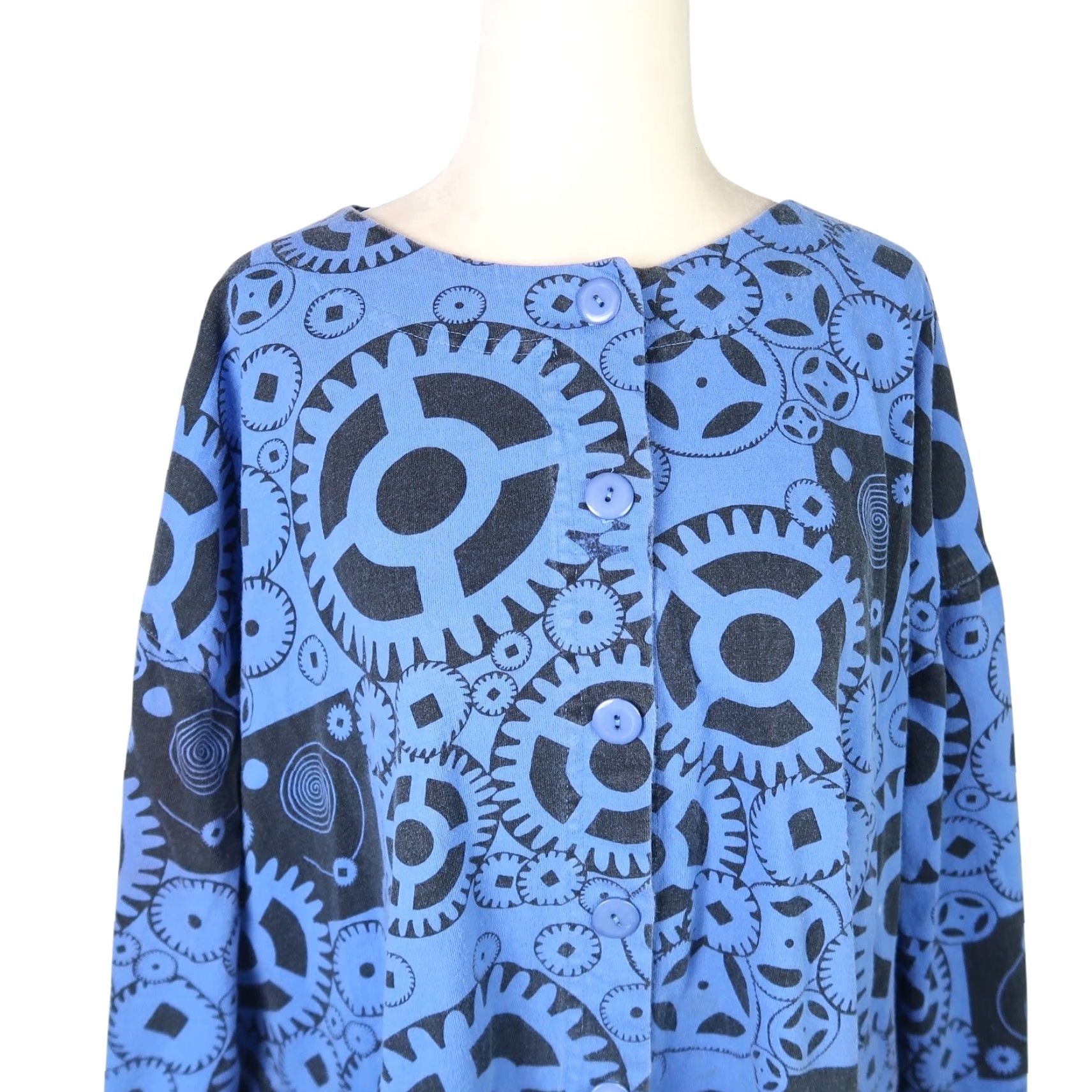 Brandblack VINTAGE 90s Cotton & Company Gear Print Cardigan Sweater Women's XL Blue Black Button Front 100% Cotton Seasonal Fall Spring 80s 90s Womens Size XL / US 12-14 / IT 48-50 - 2 Thumbnail
