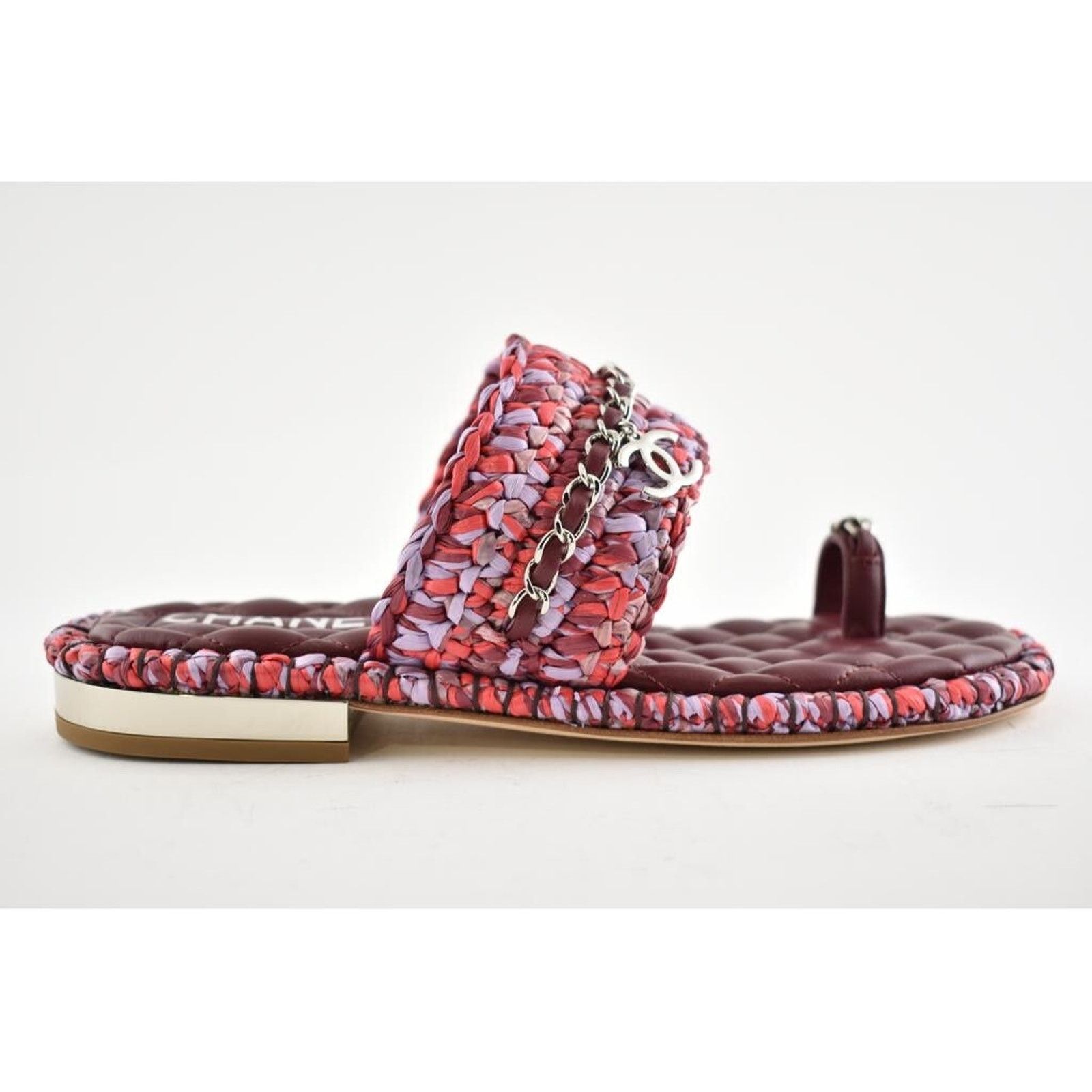 Chanel Chanel 20S Red Purple Raffia Tweed CC Chain Logo Mule Size US 7 / IT 37 - 3 Thumbnail