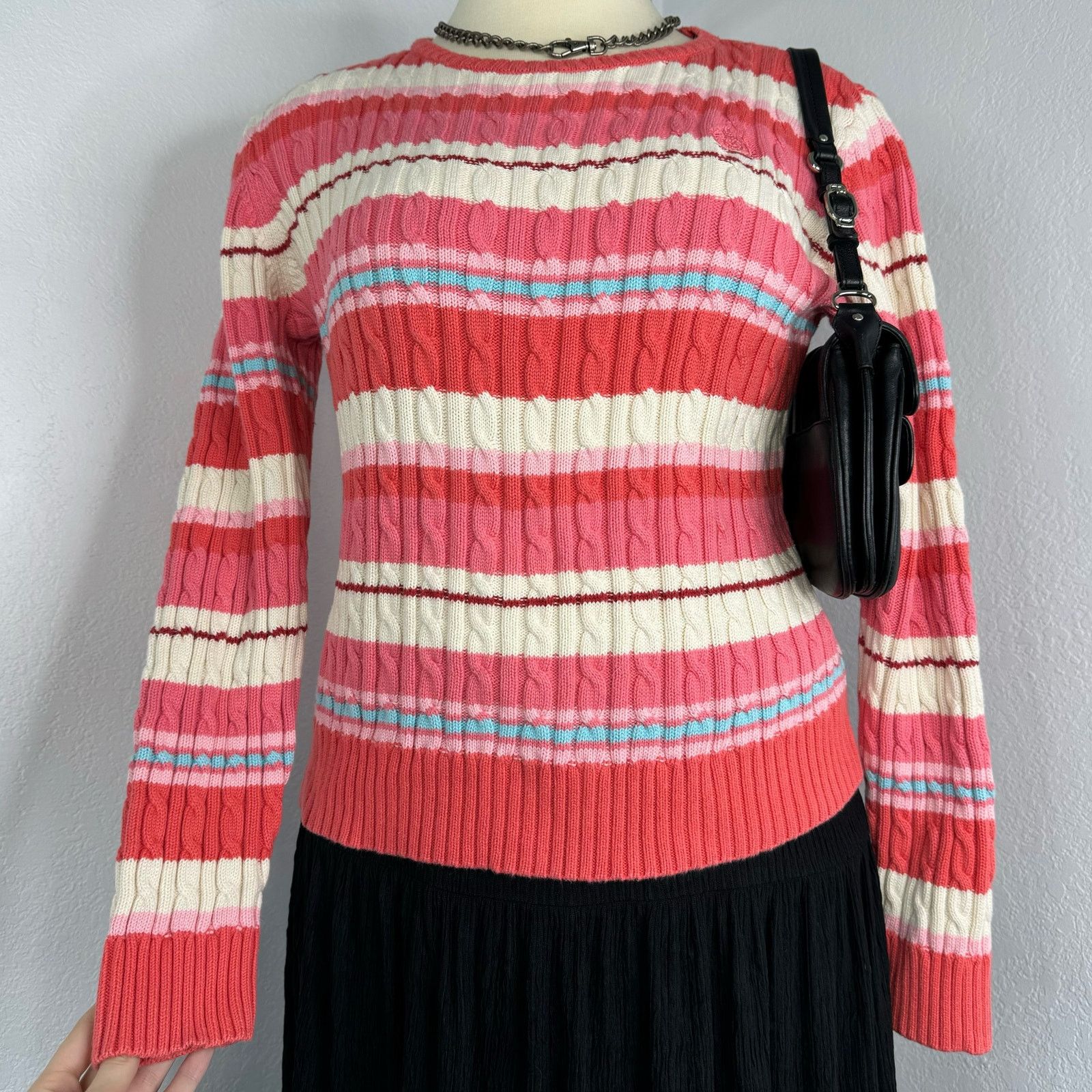 Vintage Y2k Liz Claiborne Striped Sweater Pink White Cable Knit Size L / US 10 / IT 46 - 1 Thumbnail