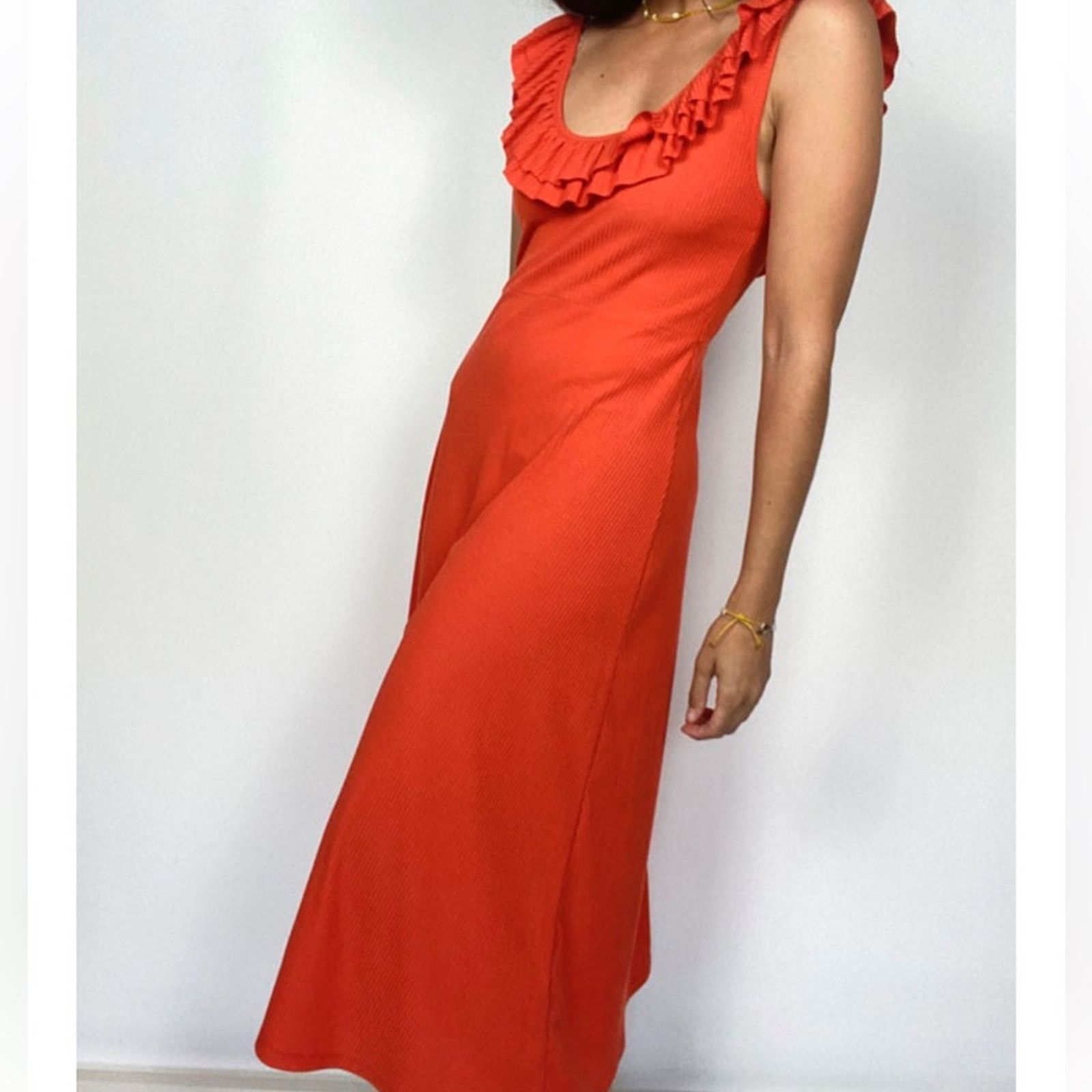 Zara Zara Ruffle Ribbed Midi Dress Orange Size S Size S / US 4 / IT 40 - 1 Thumbnail