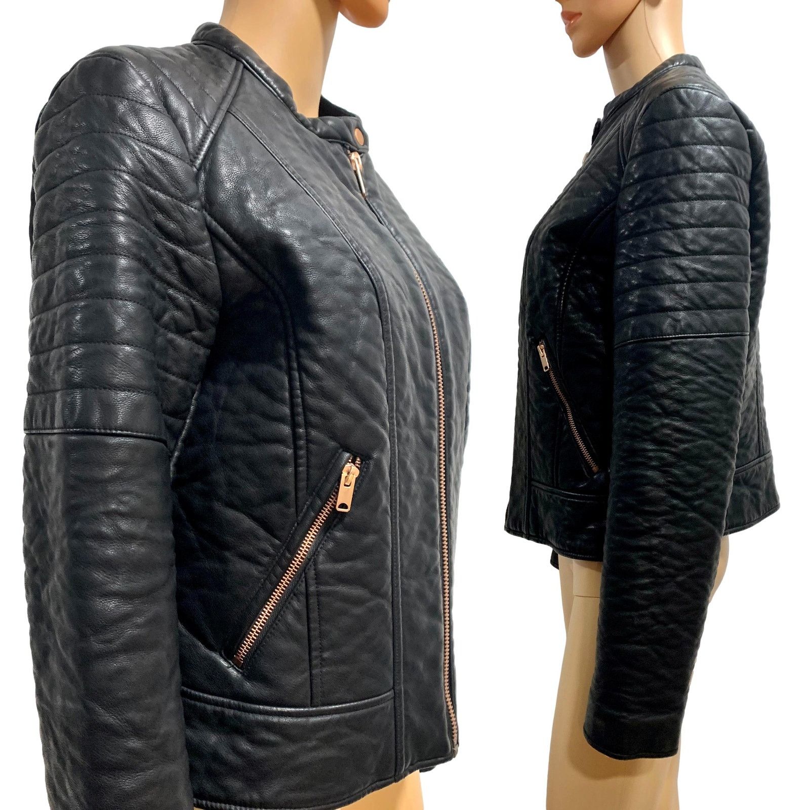 Andrew Marc Vegan Faux Leather Cafe Racer Motorcycle Biker Jacket Size L / US 10 / IT 46 - 5 Thumbnail