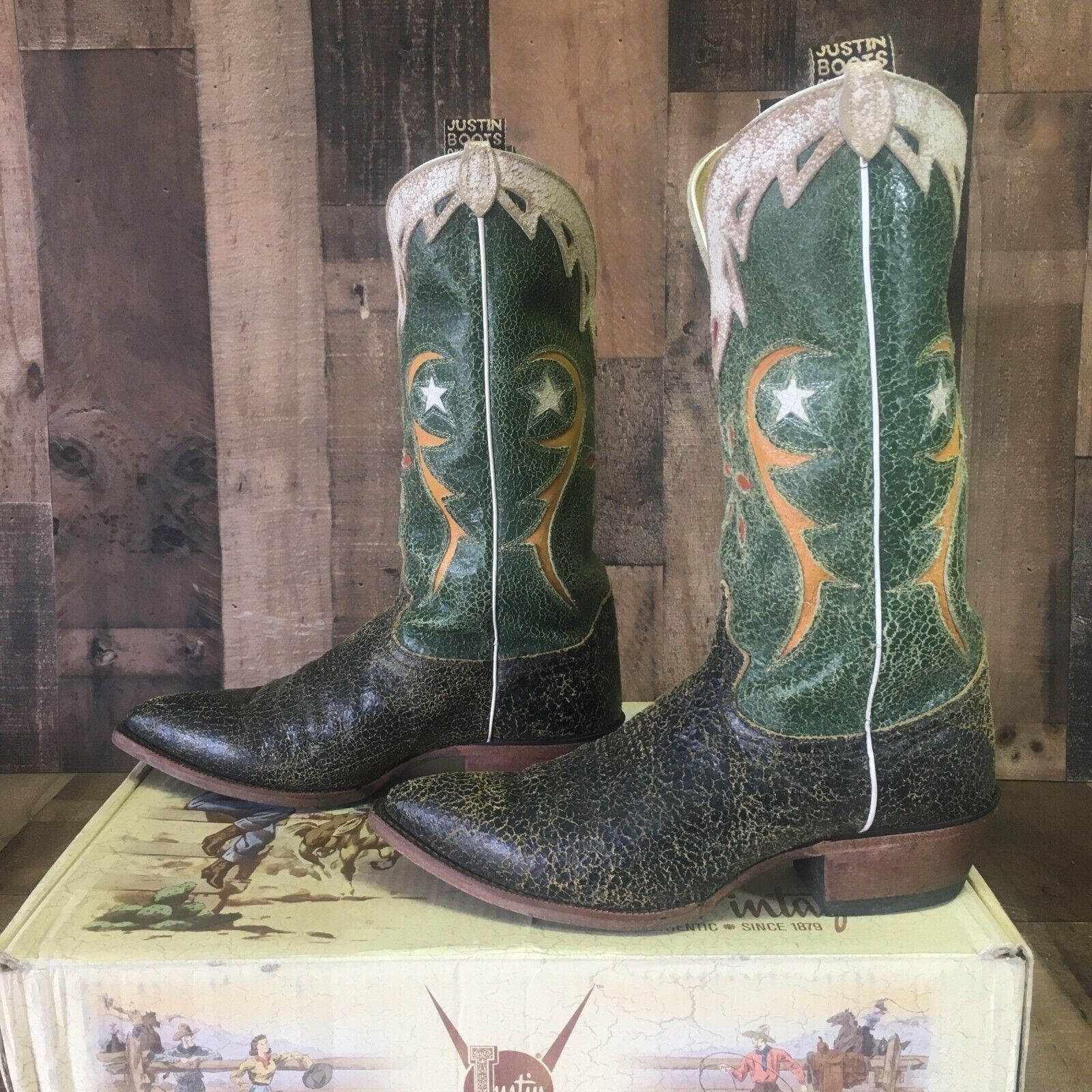 image of Justin Boots Justin 6316 VTG Green Leather Inlay Cowboy Boots Mens 9.5 Ee