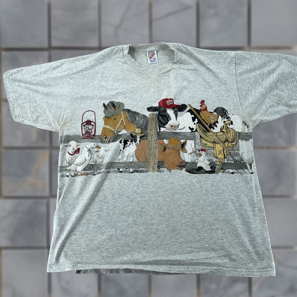 Jerzees VINTAGE T-Shirt Animals Large Horse Cow Pig 90s Gray Mens Size US L / EU 52-54 / 3 - 1 Thumbnail