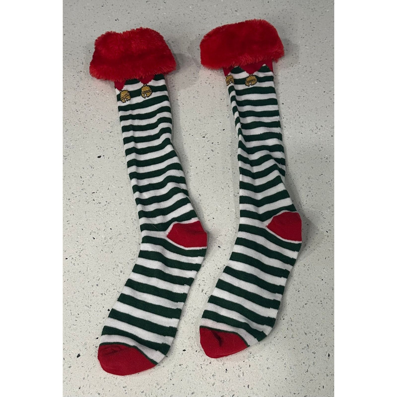 Other ELF SOCKS KNEE HIGH JINGLE BELL CANDY CANE STRIPE RED FUR Size ONE SIZE - 1 Thumbnail