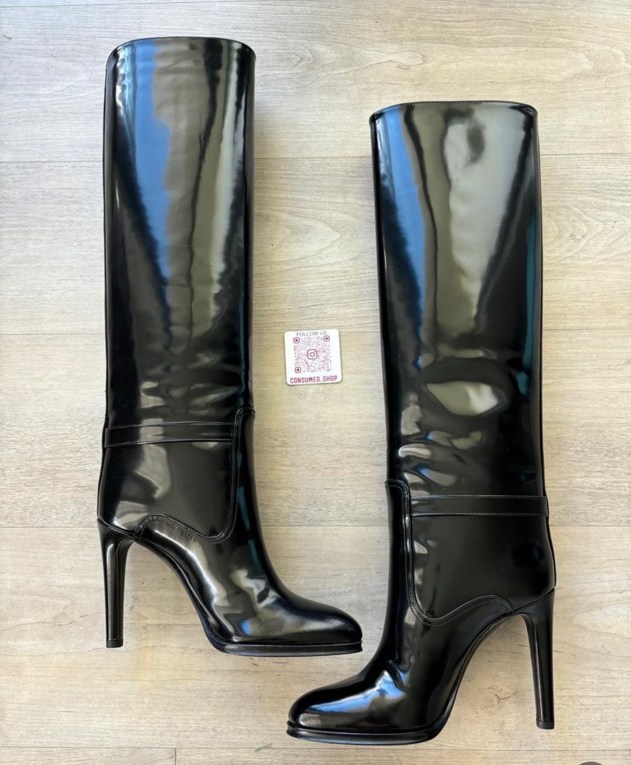 Saint Laurent Paris Diane Buckled Glossed-leather Knee Boots Size US 7 / IT 37 - 6 Thumbnail