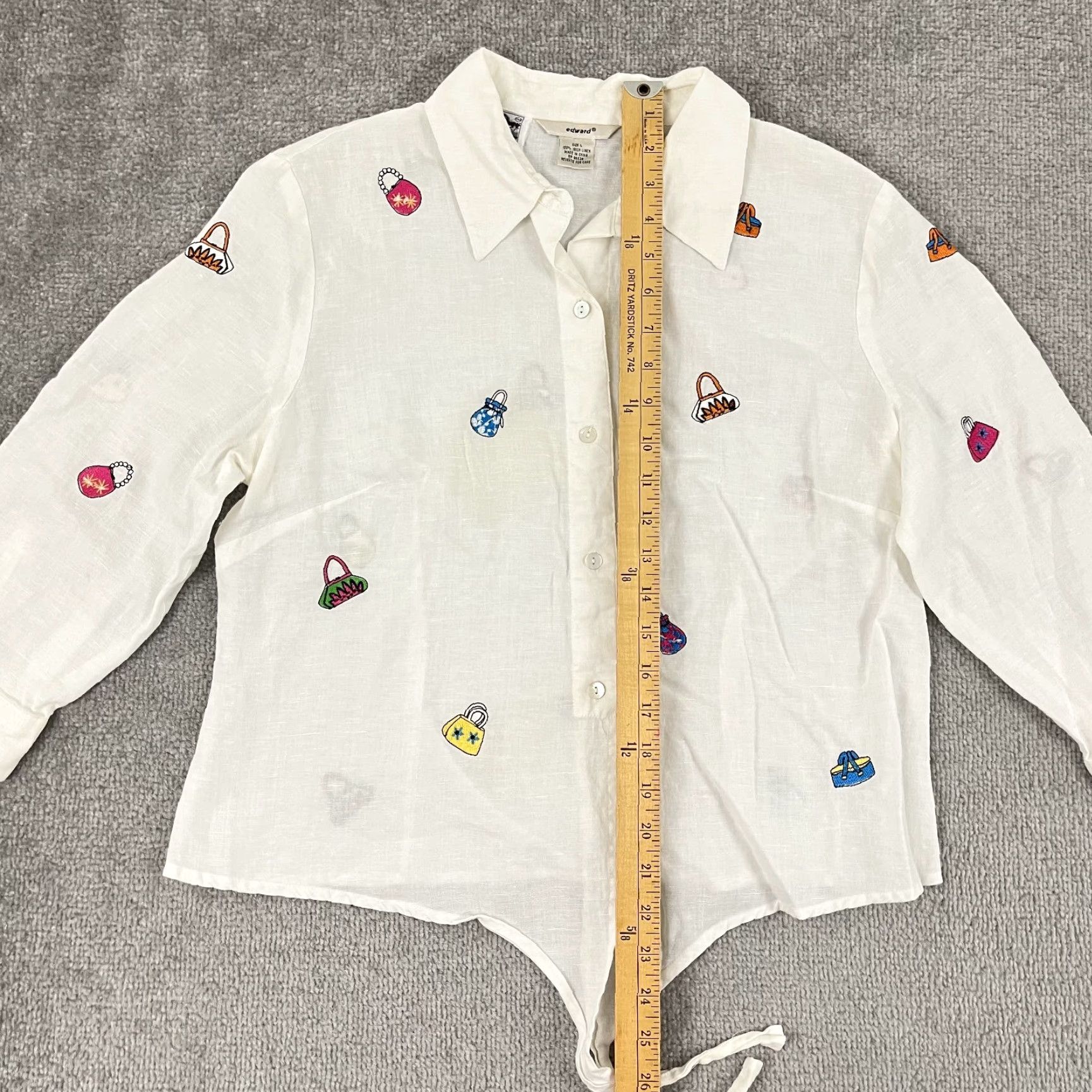 Vintage Edward Shirt Womens Large White 100% Irish Linen Tie Front Embroidered Pursed Bag Casual Shirt Womens L White Embroidered Linen Tie Front Edward Shirt Size L / US 10 / IT 46 - 4 Thumbnail
