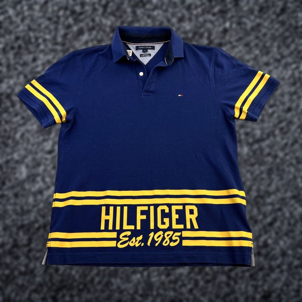 Tommy Hilfiger Tommy Hilfiger Polo Shirt Mens Small Navy Blue Striped Classic Fit Spellout Shirt Size US S / EU 44-46 / 1 - 1 Thumbnail