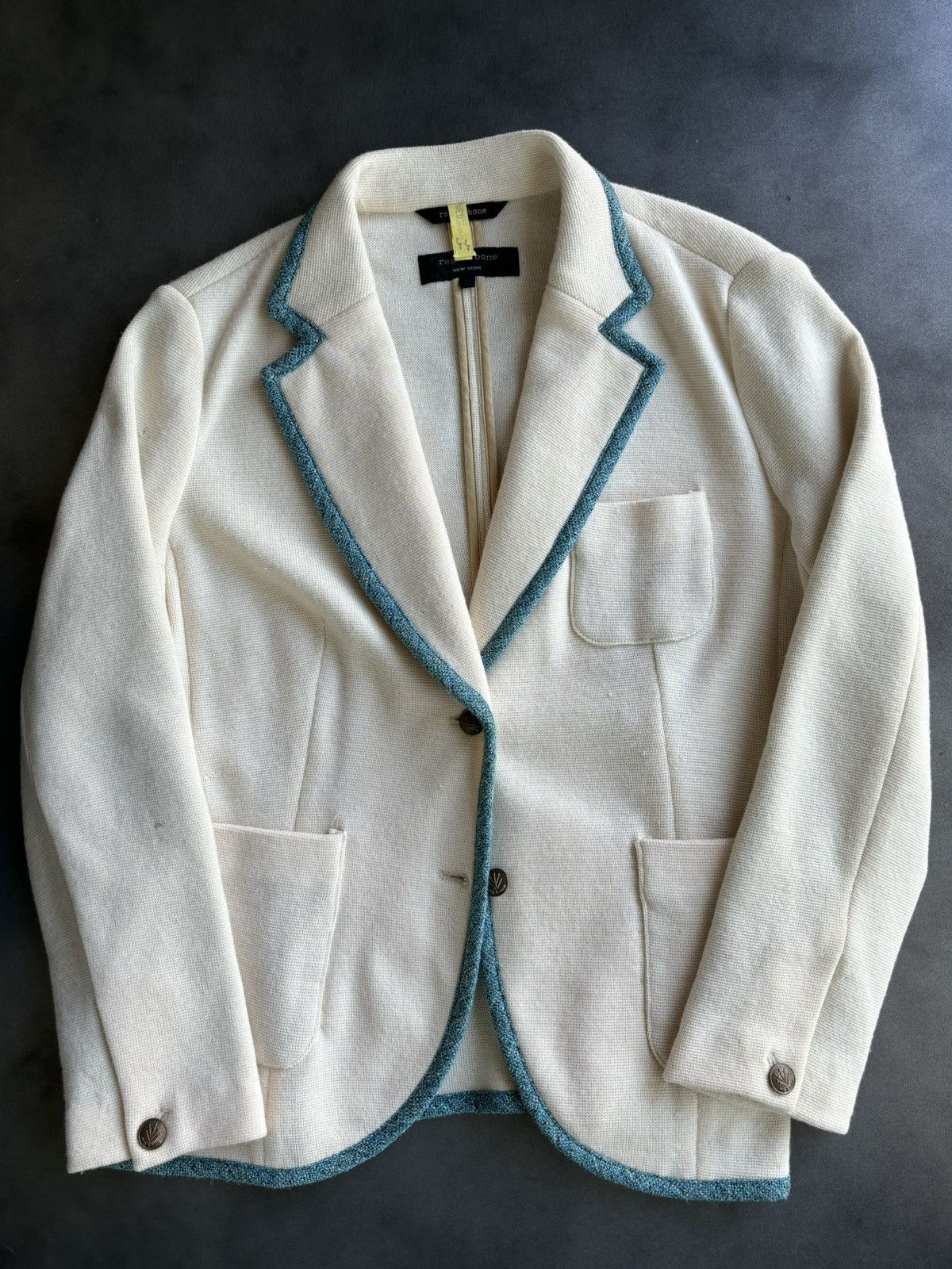 Designer × Rag & Bone Rag & Bone Blazer Womens Cream Merino Wool Teal Trim Prep Size L / US 10 / IT 46 - 1 Thumbnail