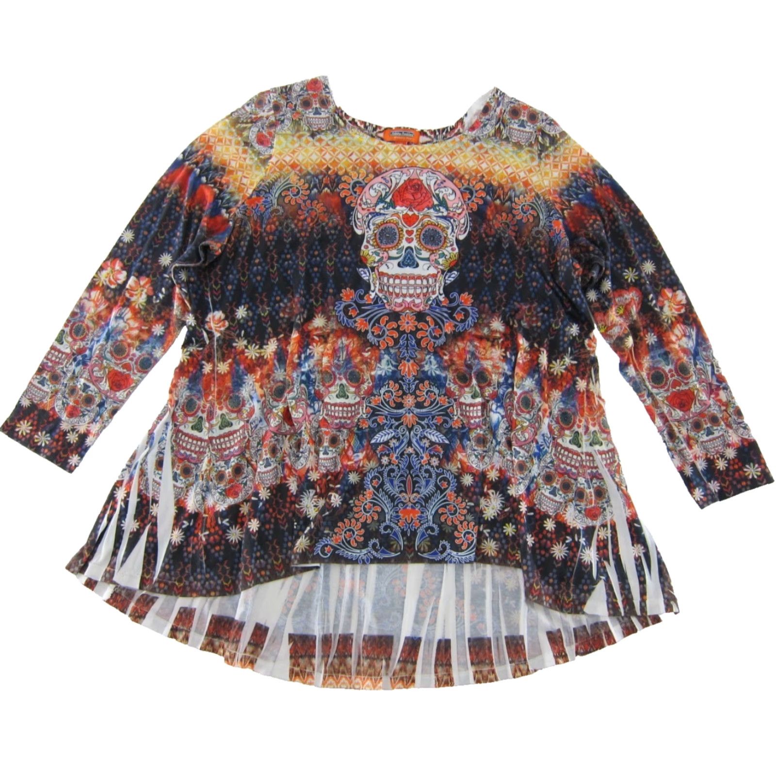 Vintage Holiday Traditions Halloween Skeleton Skull Floral Sequin Long Sleeve Blouse 2X Size XXL / US 16-18 / IT 52-54 - 2 Thumbnail