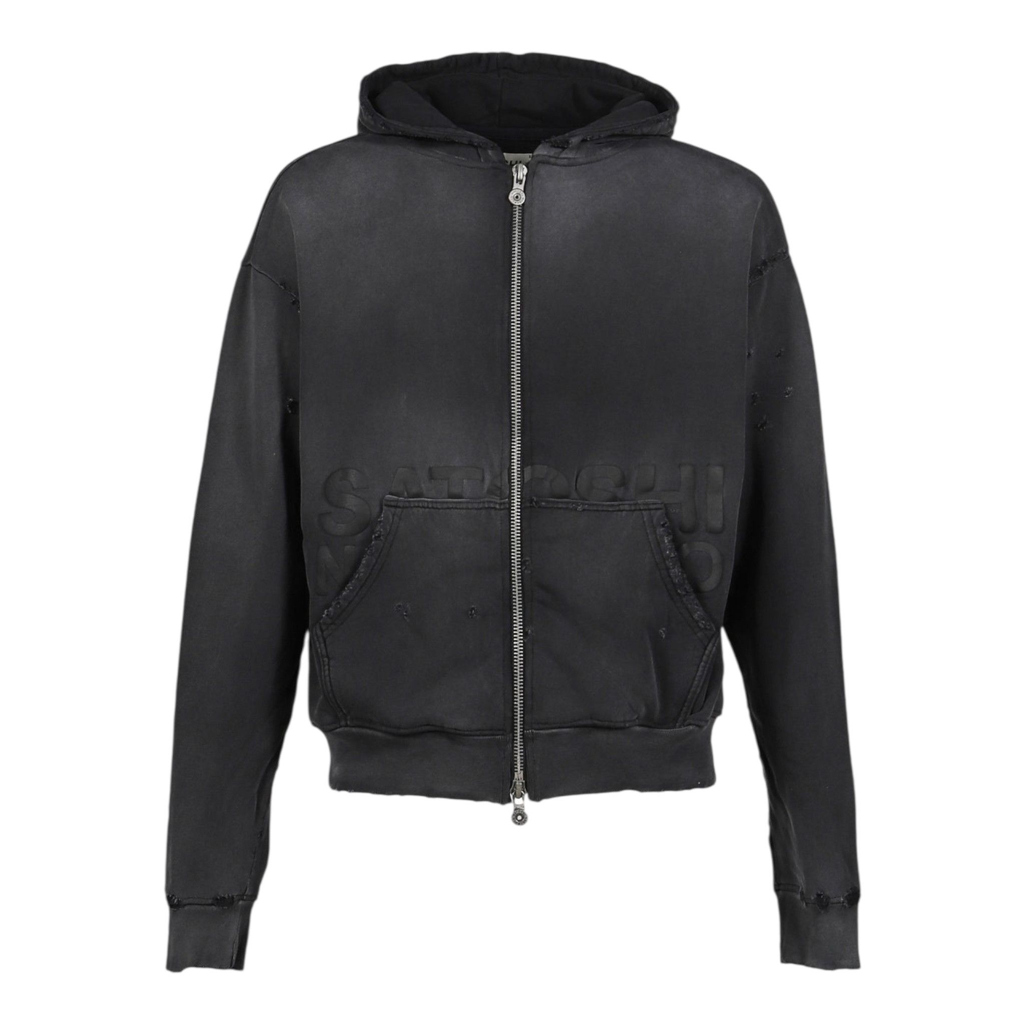 Elliott Distressed Logo Zip Up Hooded Sweatshirt Washed Bla