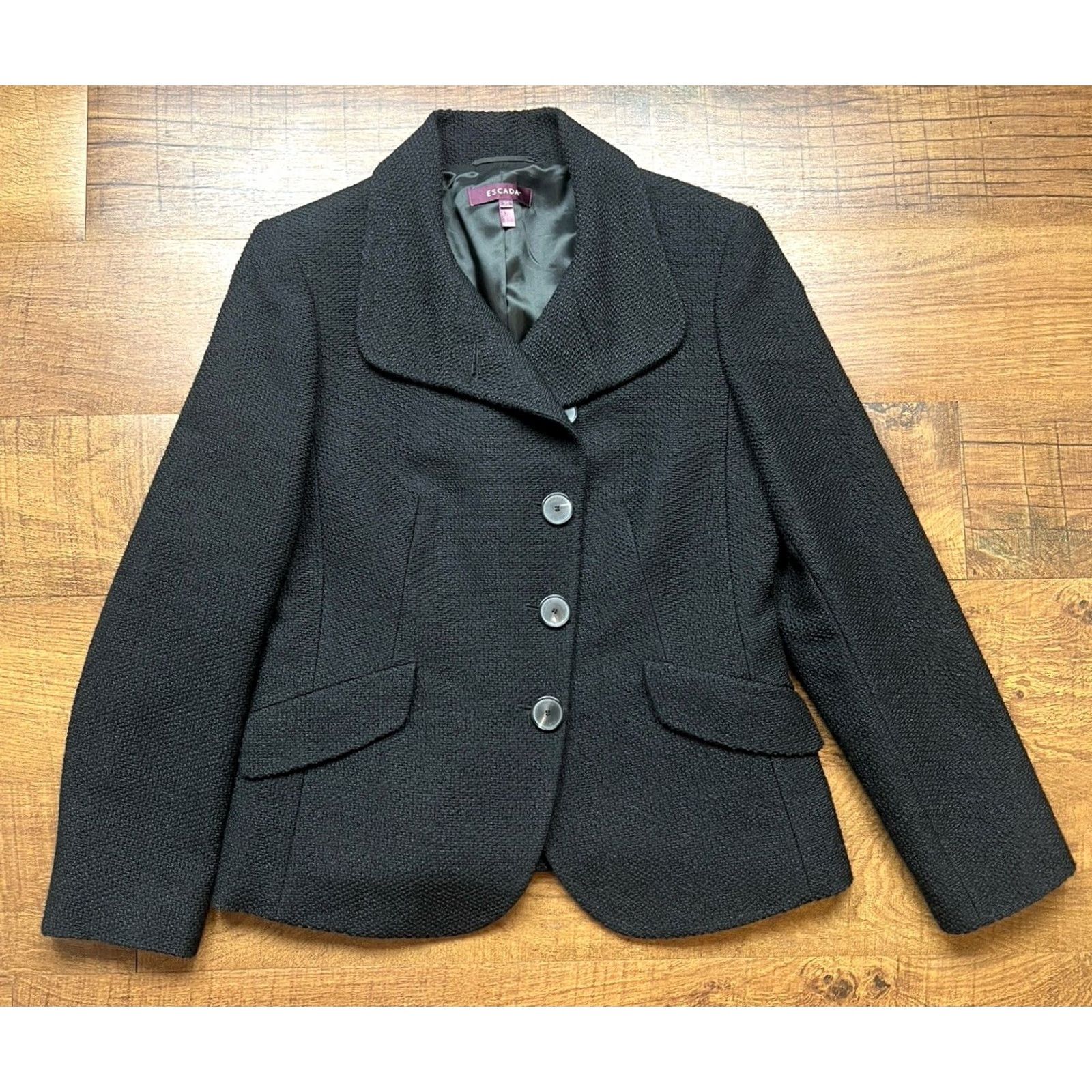 Escada VINTAGE ESCADA Women’s Wool Blazer Textured Knit Black Size 36, Single-Breasted, Button, Logo, Embroidered, Wool Jacket, Womens, Classic Designer Size XS / US 0-2 / IT 36-38 - 2 Thumbnail