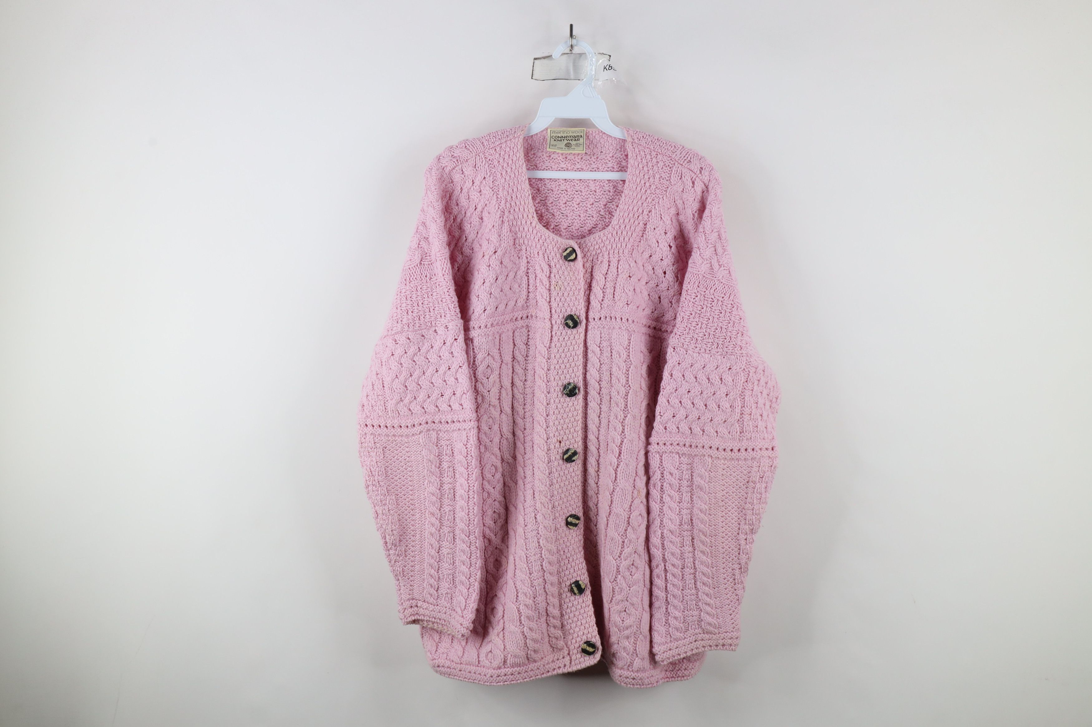 Vintage 90s Wool Fisherman Cable Knit Cardigan Sweater Pink